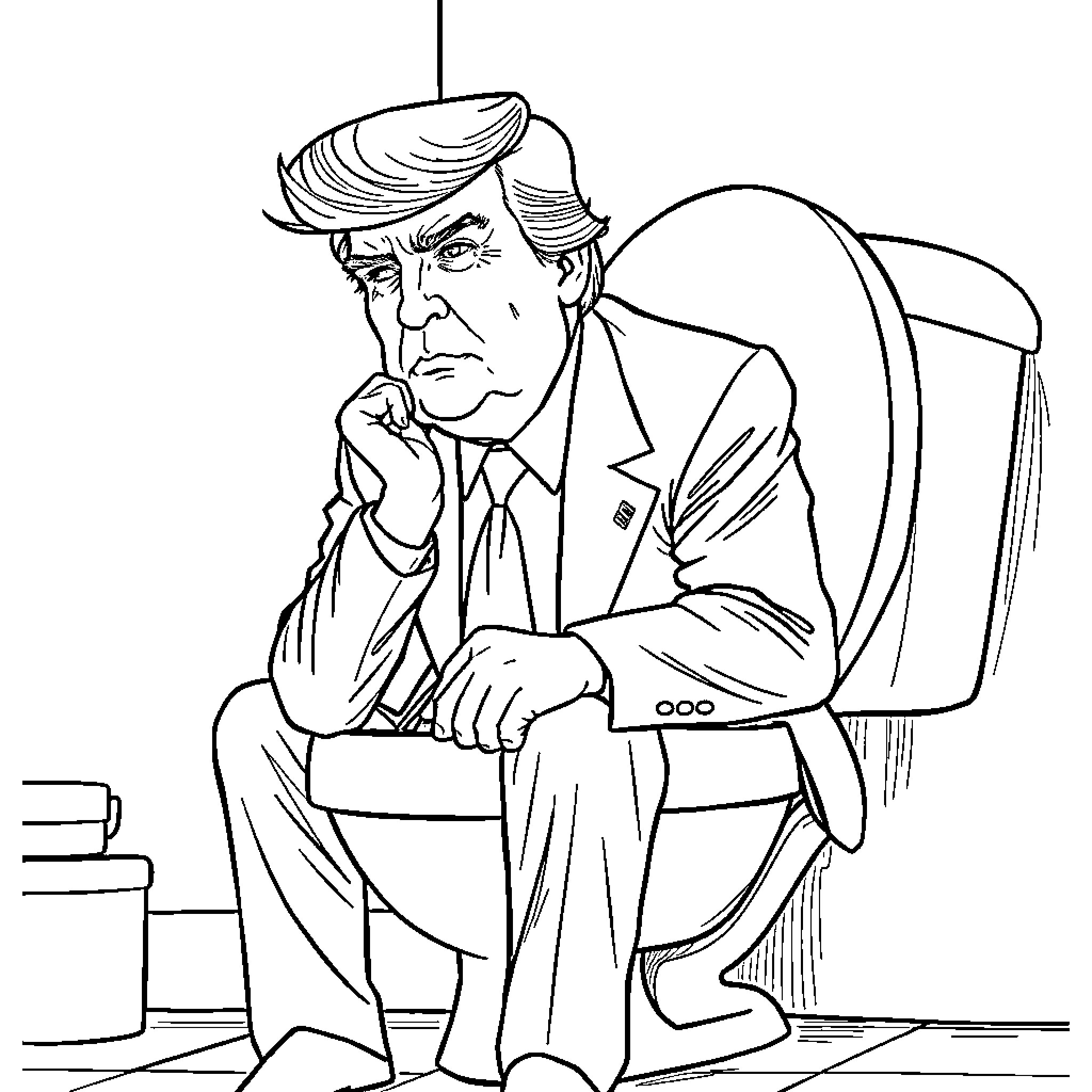 Donald Trump sitting in deep thought Coloring Page (free black-and-white line drawing printable PDF for all, from beginners to advanced learners, including children, teens, adults, and seniors)