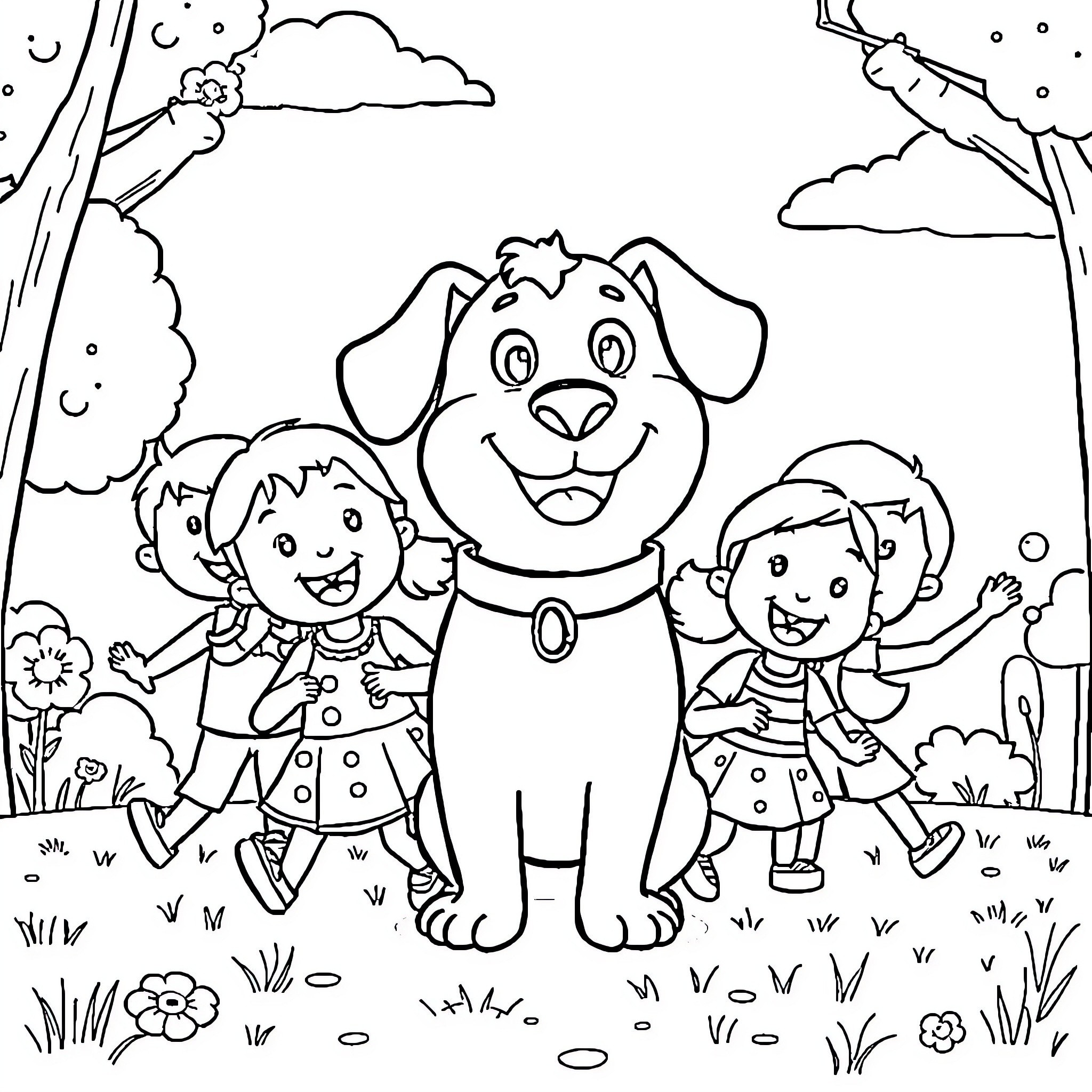 Duggee and his friends playing outdoors Coloring Page (free black-and-white line drawing printable PDF for all, from beginners to advanced learners, including children, teens, adults, and seniors)