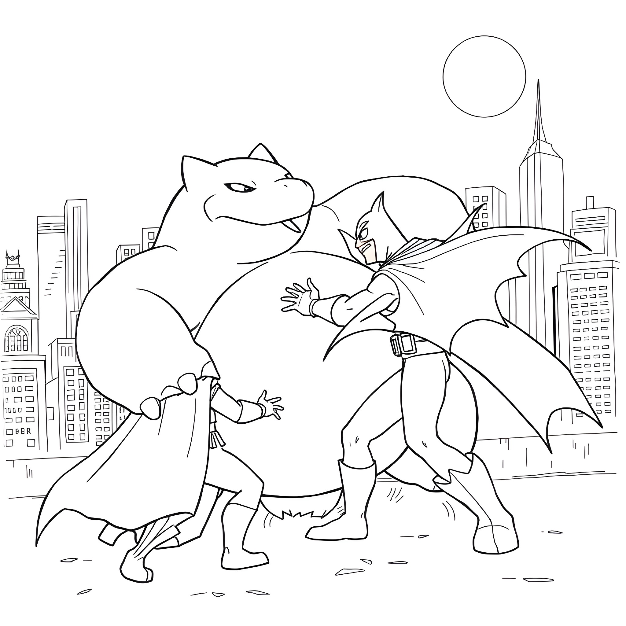 Snorlax playing with Charizard in the city Coloring Page (free black-and-white line drawing printable PDF for all, from beginners to advanced learners, including children, teens, adults, and seniors)