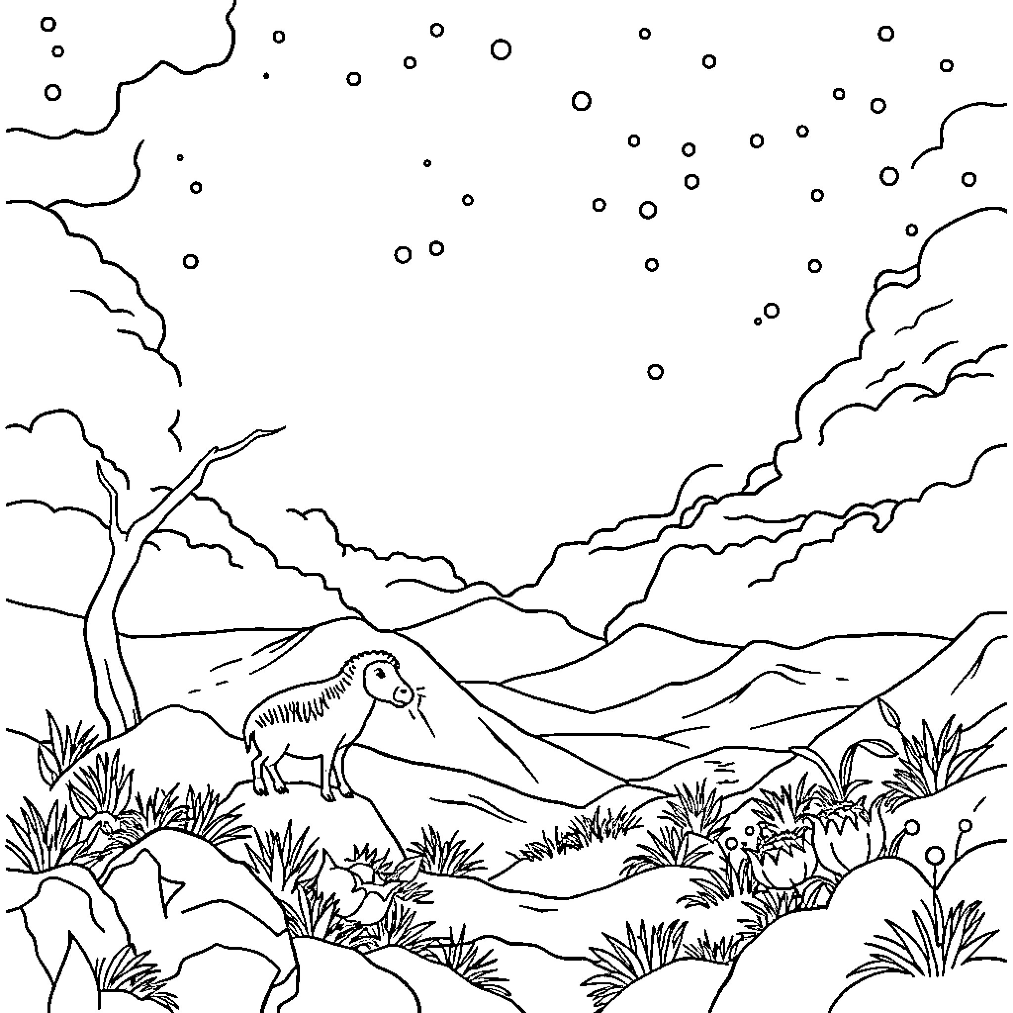 Creation of a Tranquil Wilderness Landscape Coloring Page (free black-and-white line drawing printable PDF for all, from beginners to advanced learners, including children, teens, adults, and seniors)