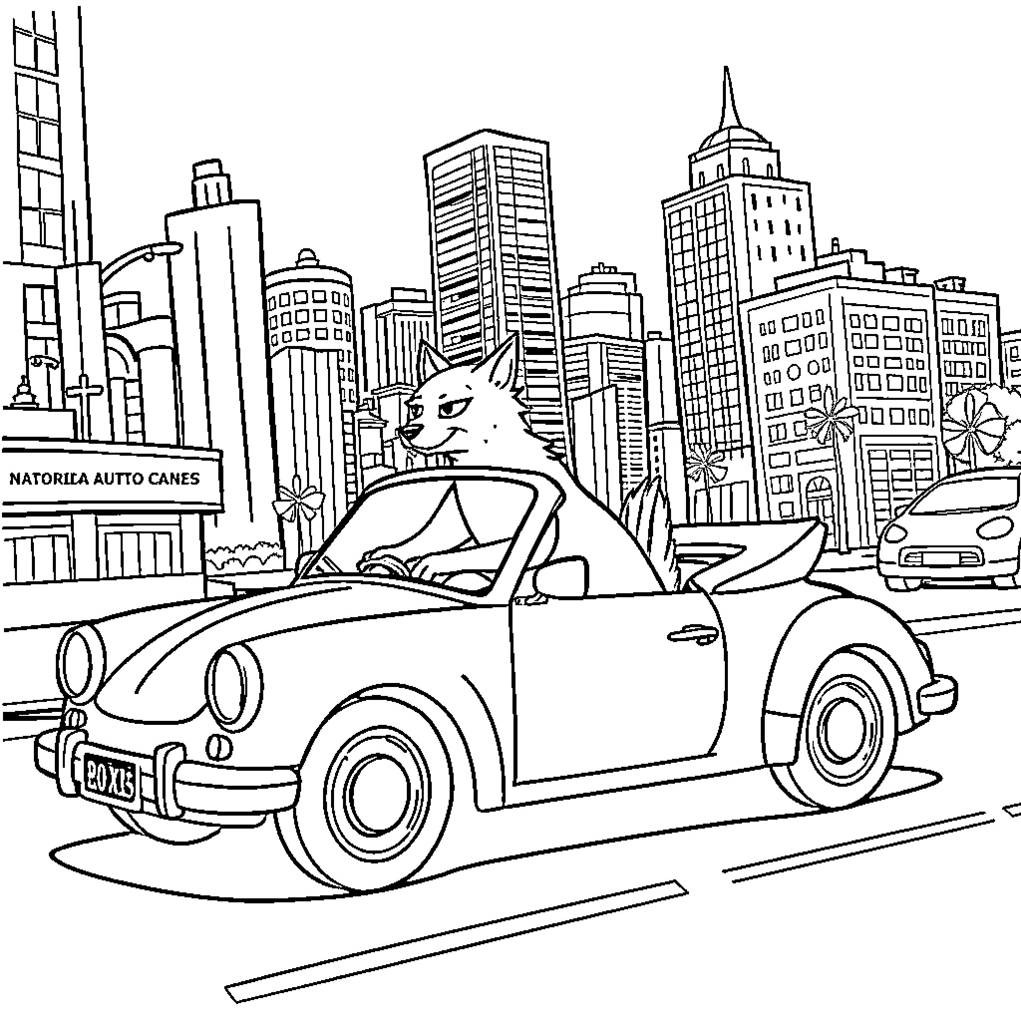 Dog driving a classic car in the city Coloring Page (free black-and-white line drawing printable PDF for all, from beginners to advanced learners, including children, teens, adults, and seniors)