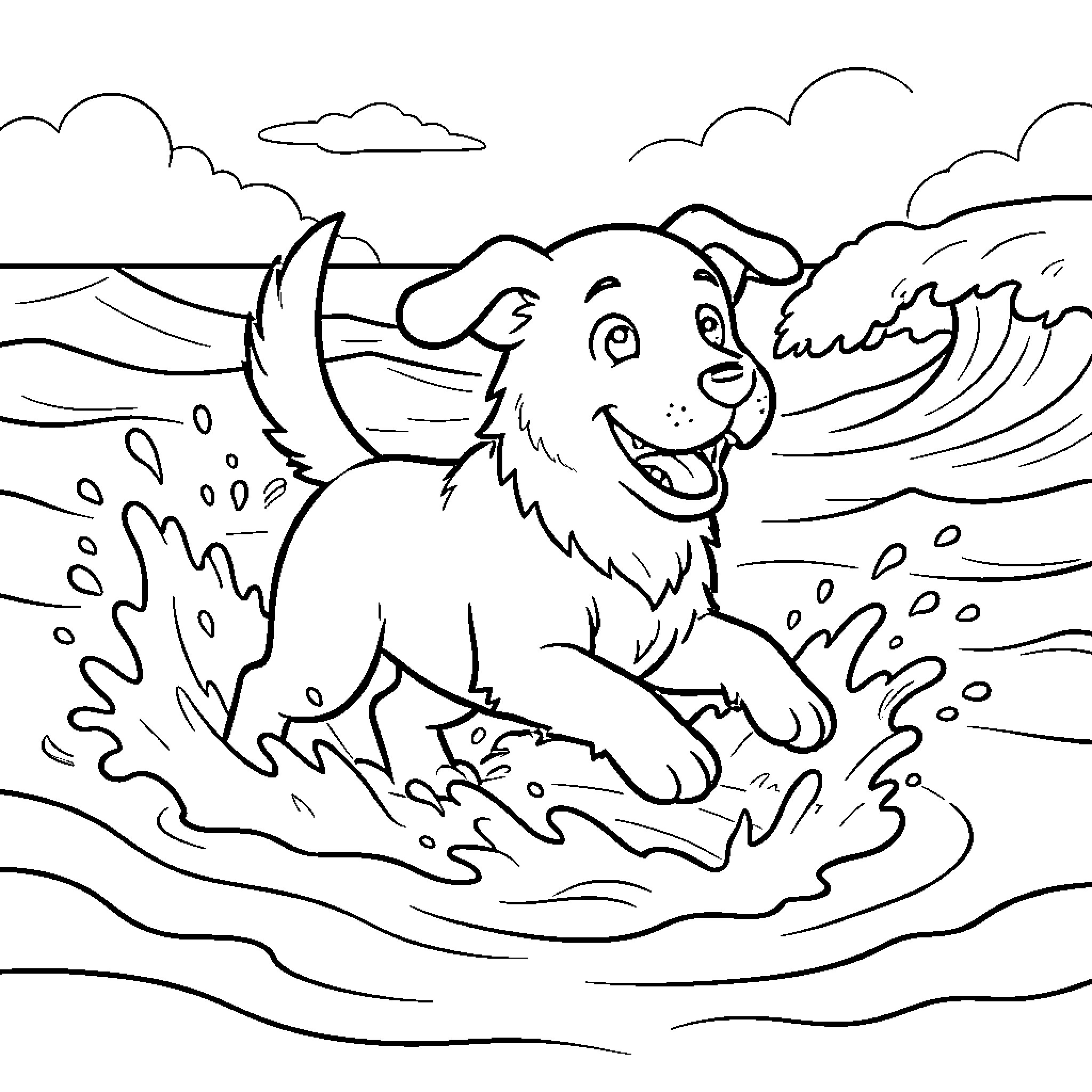 Perro playing happily in the ocean waves Coloring Page (free black-and-white line drawing printable PDF for all, from beginners to advanced learners, including children, teens, adults, and seniors)