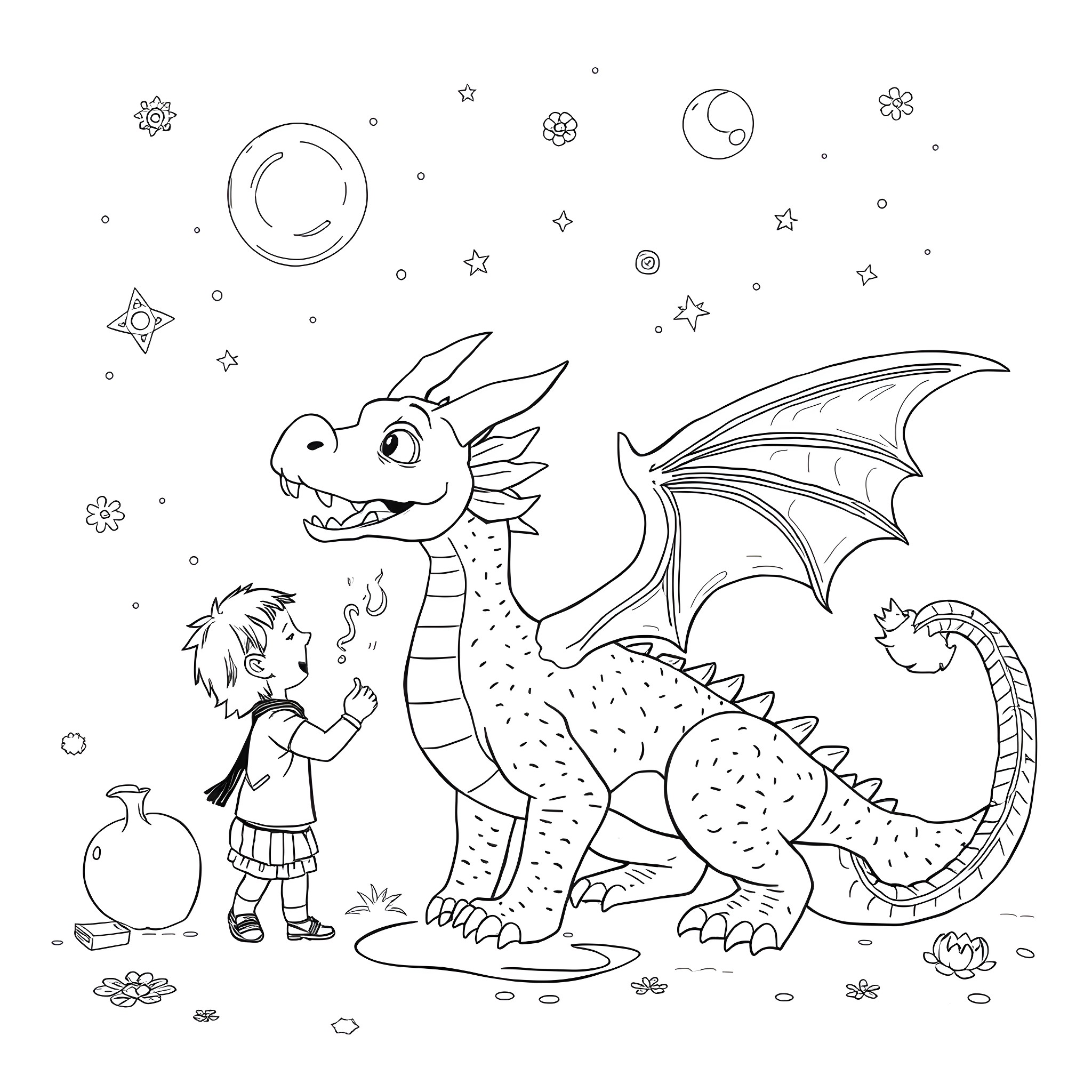Dragon and child playing together in fantasy scene Coloring Page (free black-and-white line drawing printable PDF for all, from beginners to advanced learners, including children, teens, adults, and seniors)