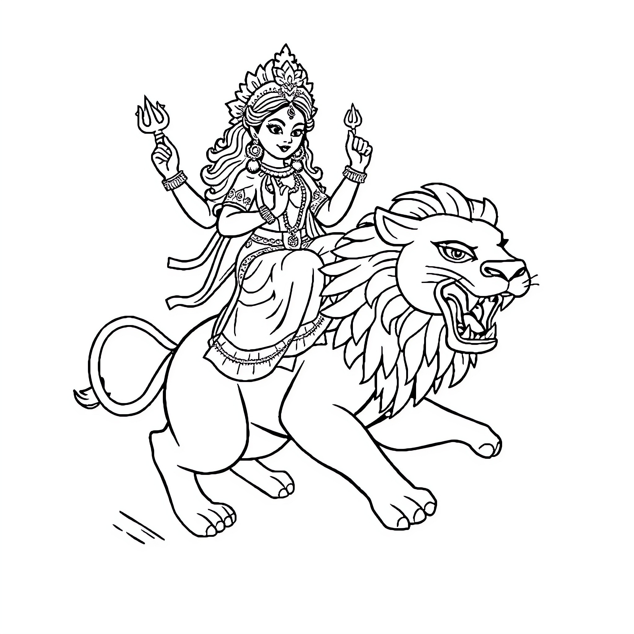 Goddess riding majestic lion in ornate attire Coloring Page (free black-and-white line drawing printable PDF for all, from beginners to advanced learners, including children, teens, adults, and seniors)