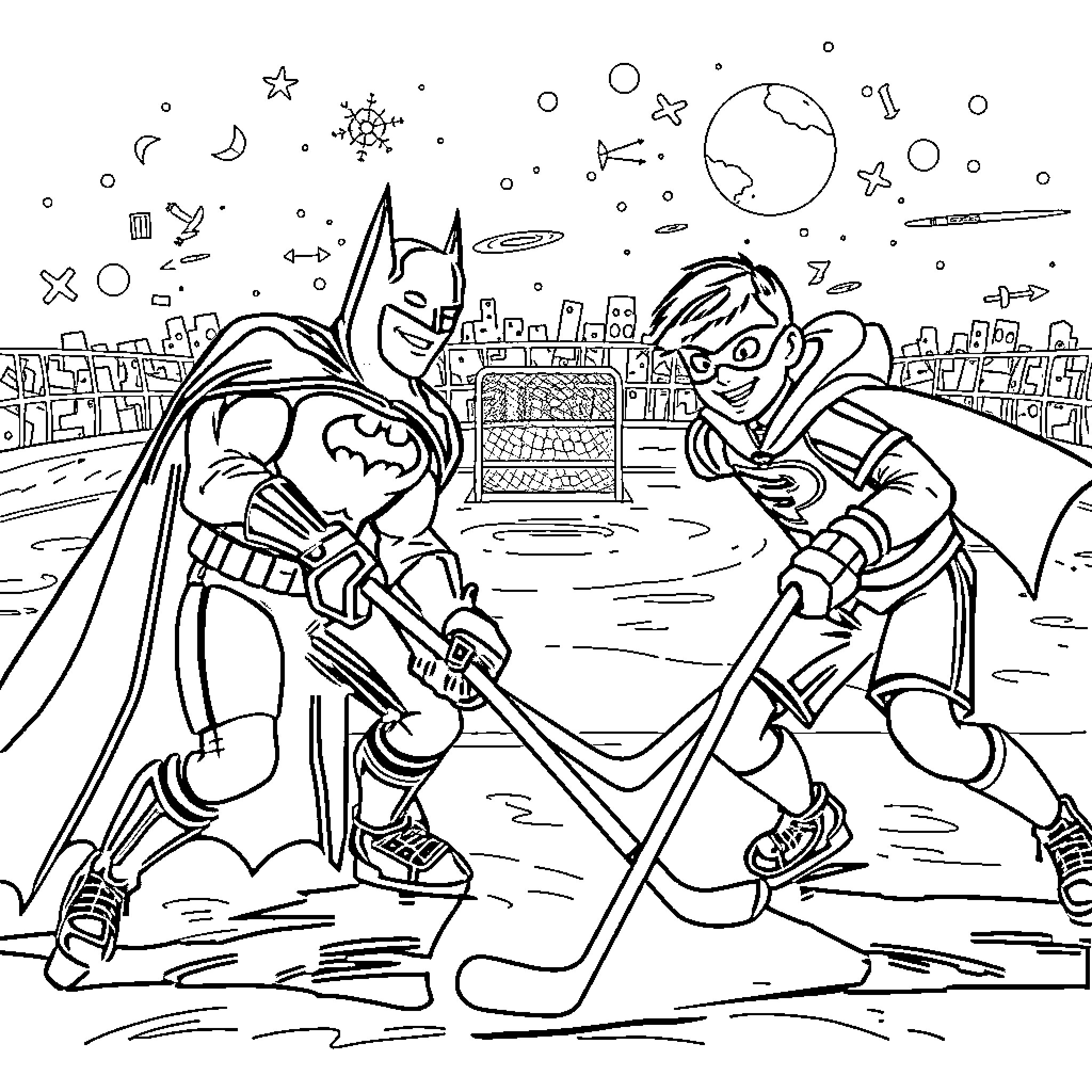 Batman and Sidekick Fighting Crime in the City Coloring Page (free black-and-white line drawing printable PDF for all, from beginners to advanced learners, including children, teens, adults, and seniors)