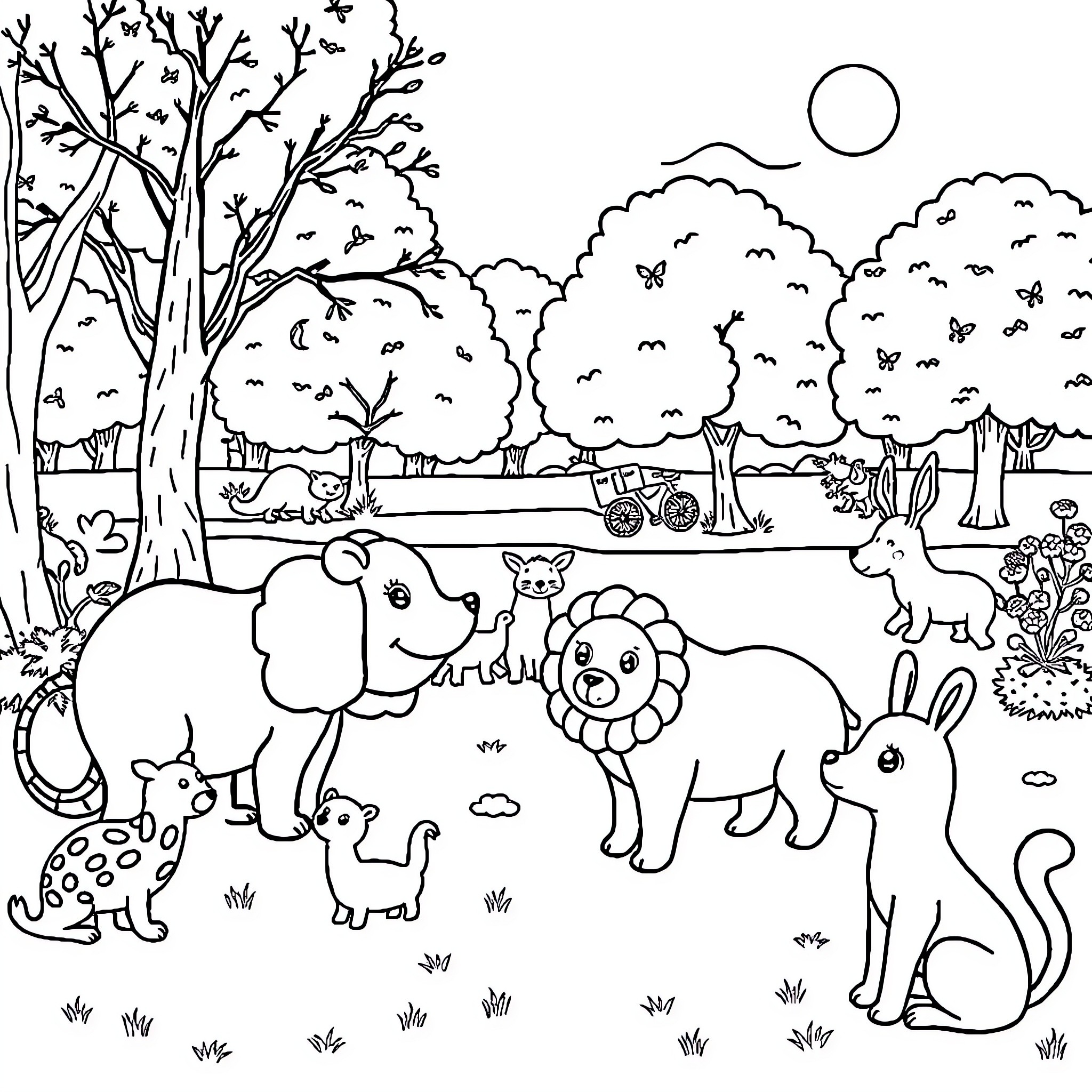 Animal friends in a peaceful forest scene Coloring Page (free black-and-white line drawing printable PDF for all, from beginners to advanced learners, including children, teens, adults, and seniors)