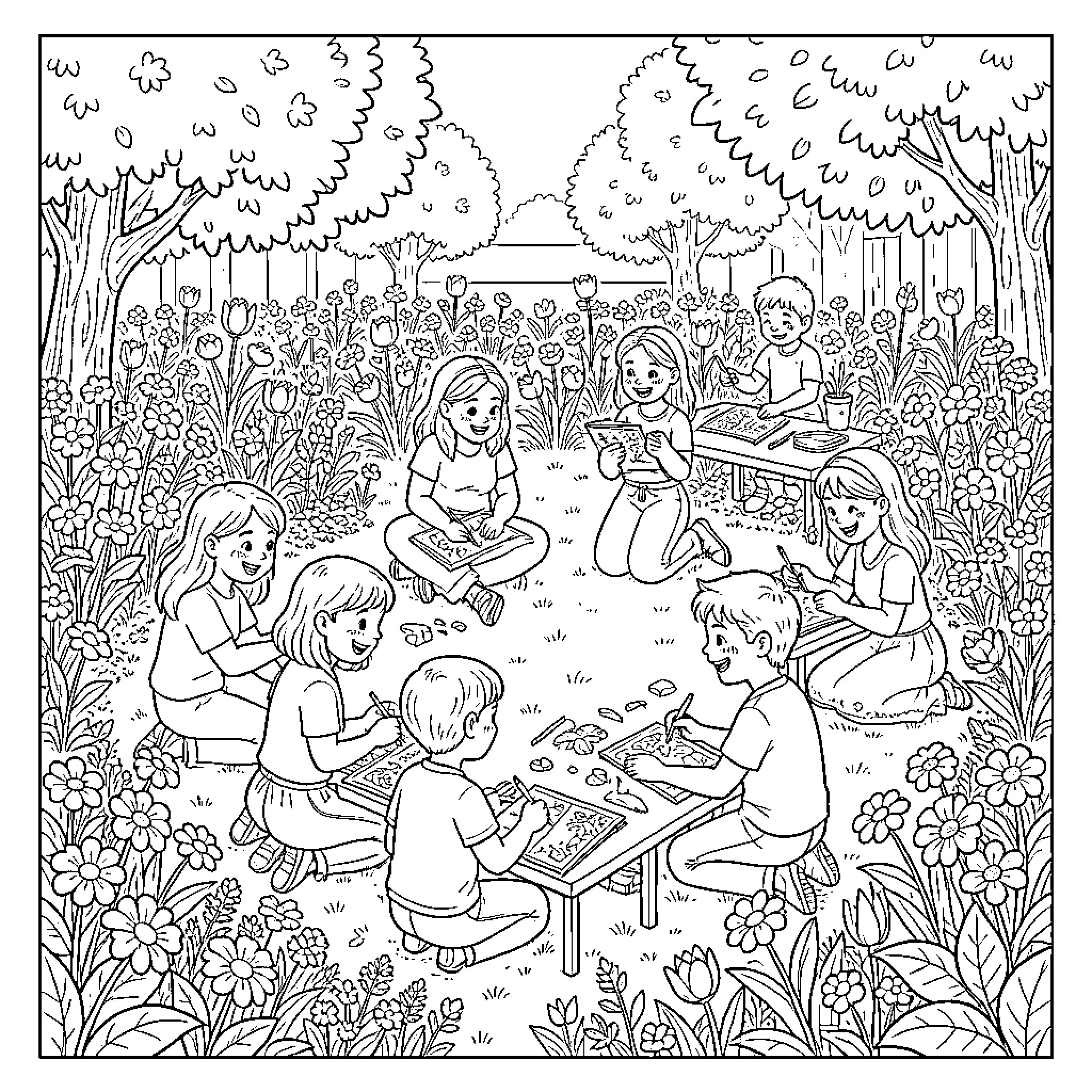 Garden of Friends Enjoying Activities Together Coloring Page (free black-and-white line drawing printable PDF for all, from beginners to advanced learners, including children, teens, adults, and seniors)