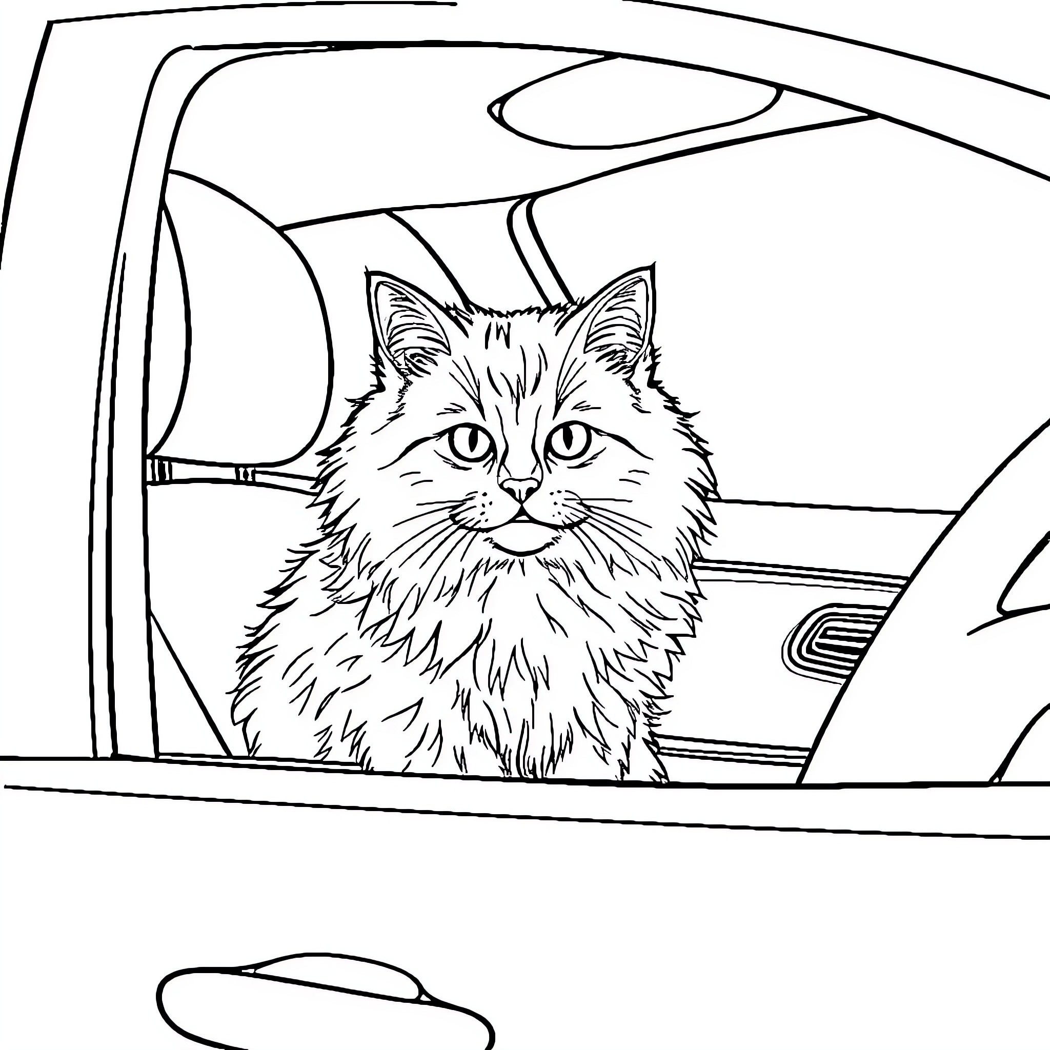Cat looking out from car window Coloring Page (free black-and-white line drawing printable PDF for all, from beginners to advanced learners, including children, teens, adults, and seniors)