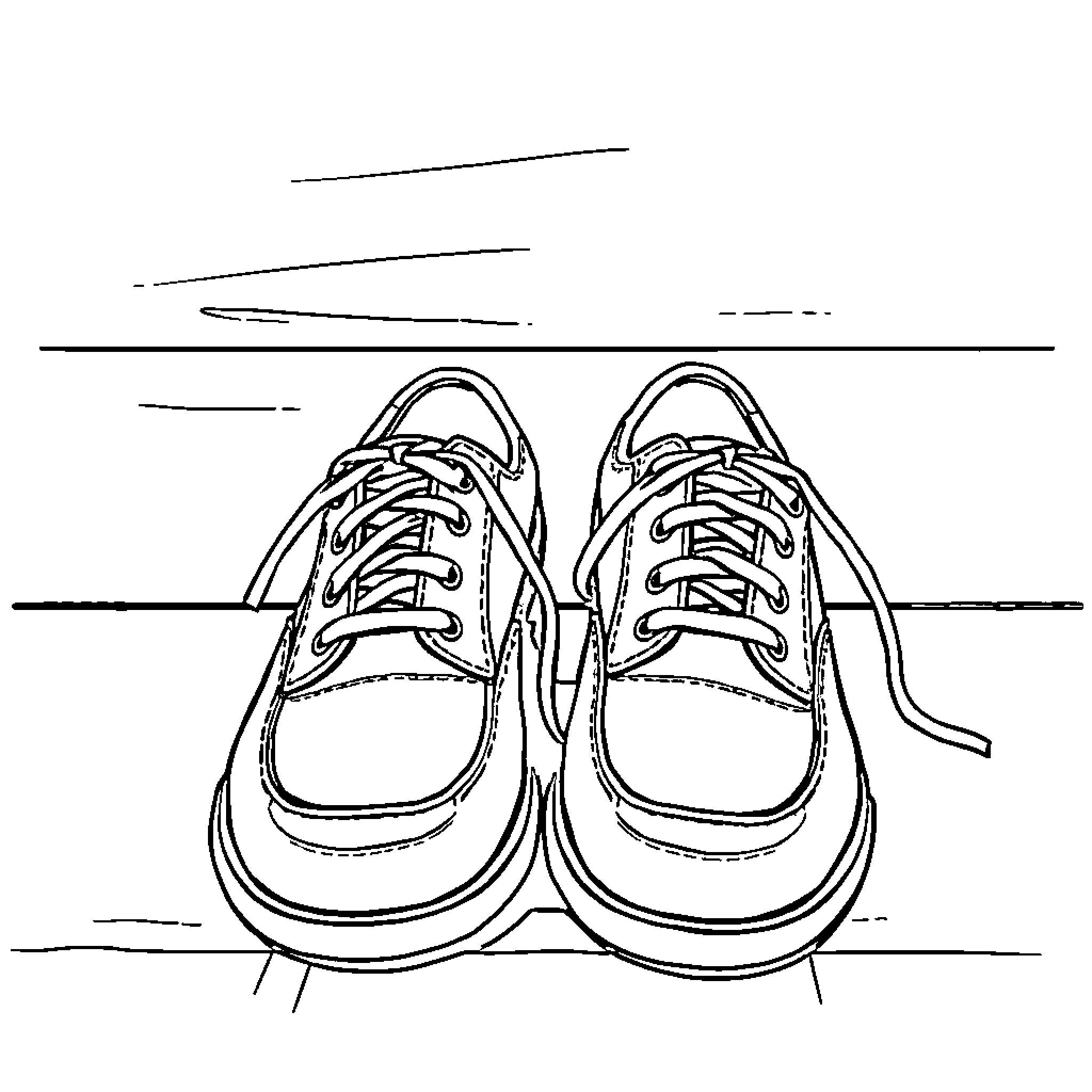 Shoe pair with laces on the floor Coloring Page (free black-and-white line drawing printable PDF for all, from beginners to advanced learners, including children, teens, adults, and seniors)