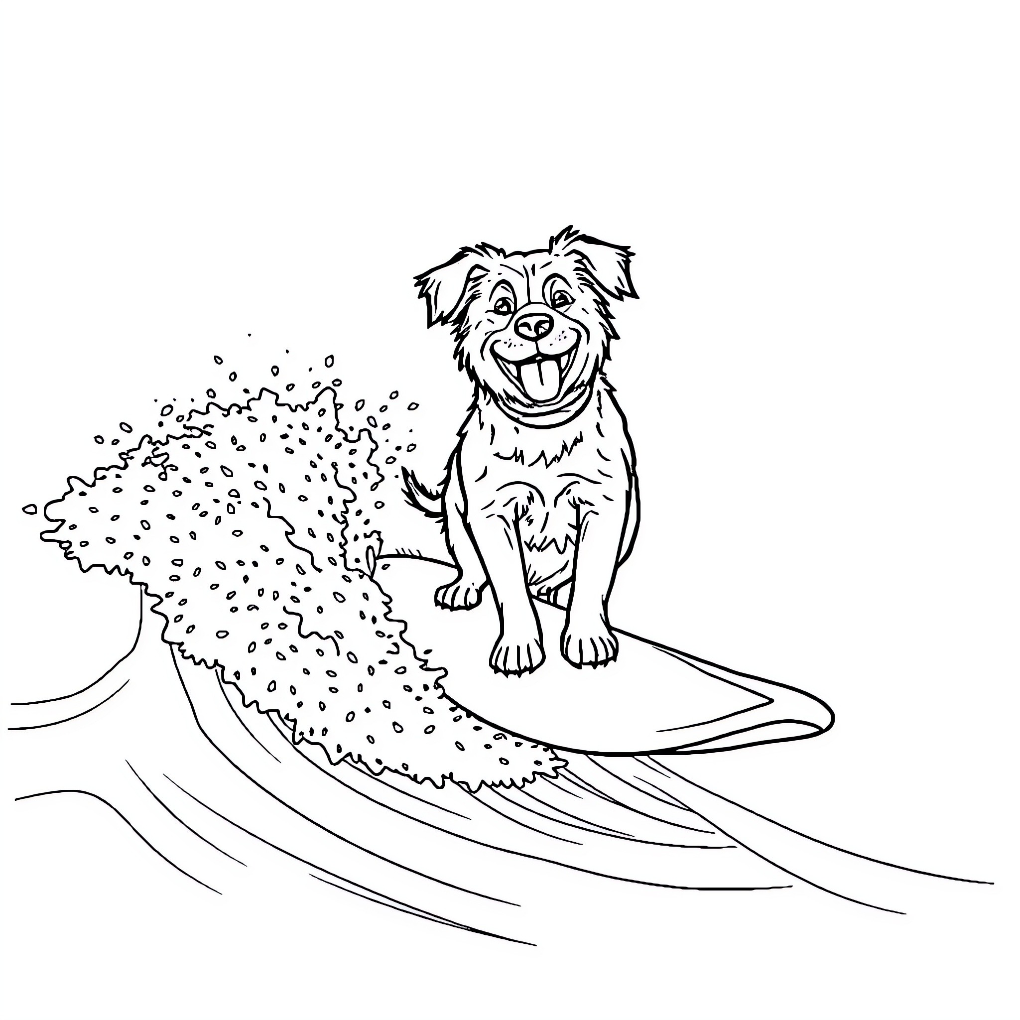 Dog surfing happily on a wave Coloring Page (free black-and-white line drawing printable PDF for all, from beginners to advanced learners, including children, teens, adults, and seniors)