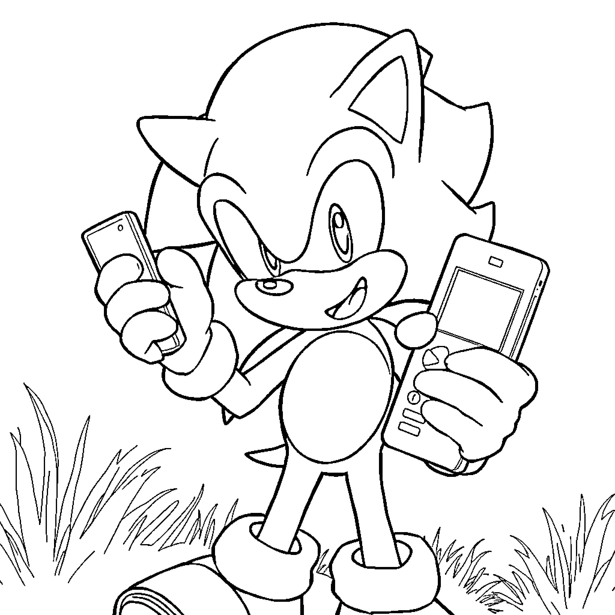 Sonic holding multiple devices outdoors Coloring Page (free black-and-white line drawing printable PDF for all, from beginners to advanced learners, including children, teens, adults, and seniors)
