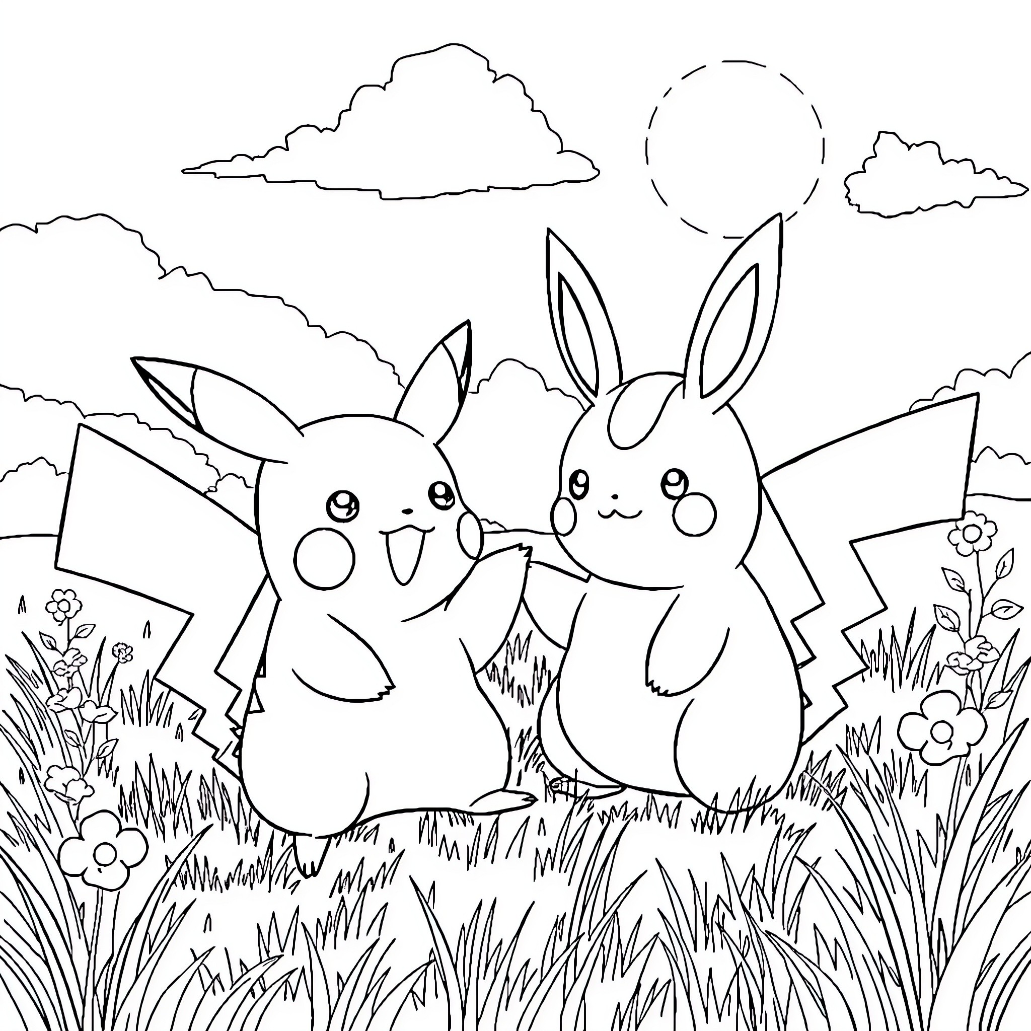 Pikachu and Bunnies Playing in Grassy Field Coloring Page (free black-and-white line drawing printable PDF for all, from beginners to advanced learners, including children, teens, adults, and seniors)
