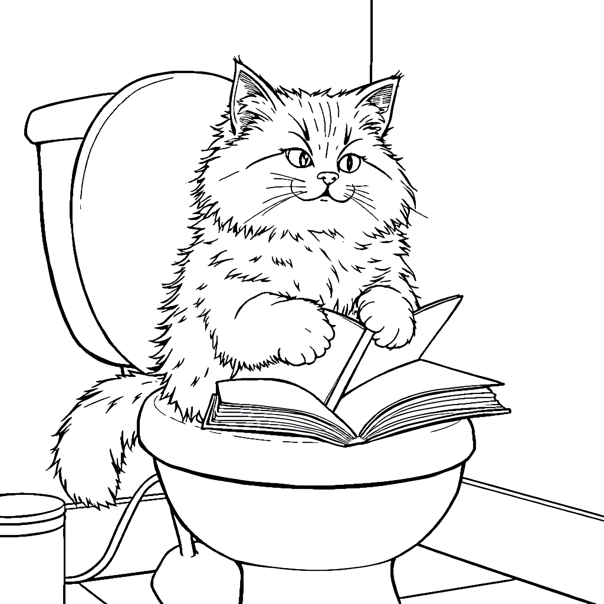 Cat reading a book on a chair Coloring Page (free black-and-white line drawing printable PDF for all, from beginners to advanced learners, including children, teens, adults, and seniors)