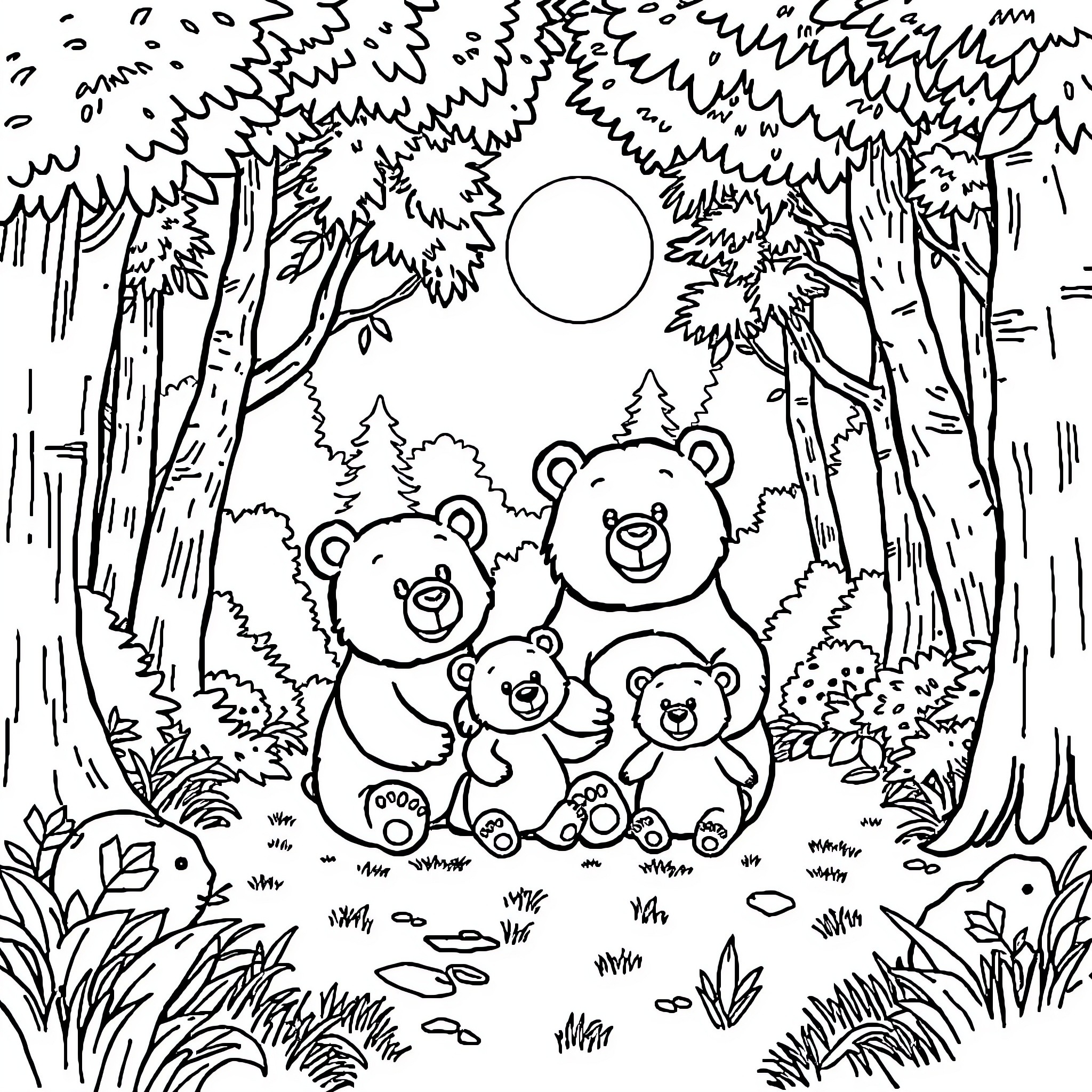 Bear family relaxing in the forest Coloring Page (free black-and-white line drawing printable PDF for all, from beginners to advanced learners, including children, teens, adults, and seniors)