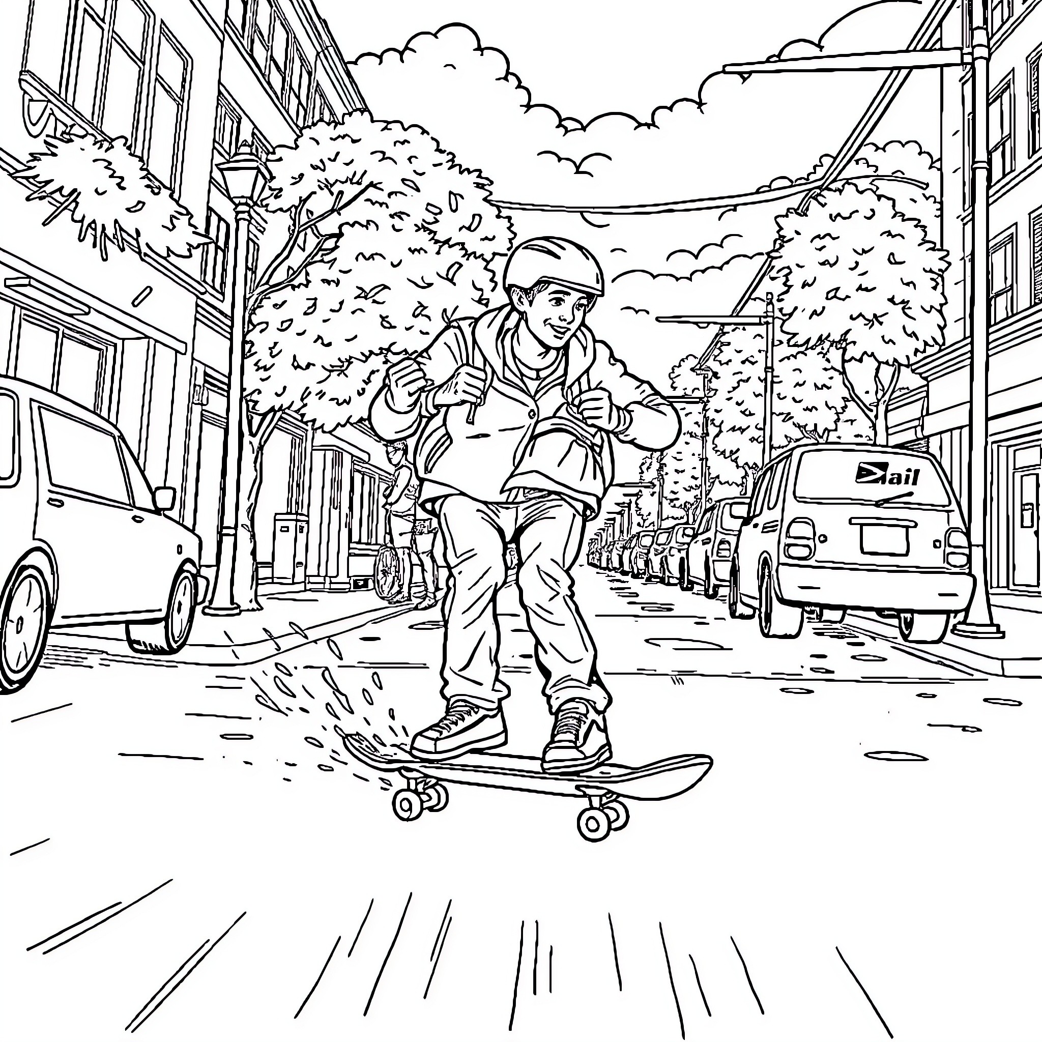 Skateboarder speeding through the city street Coloring Page (free black-and-white line drawing printable PDF for all, from beginners to advanced learners, including children, teens, adults, and seniors)