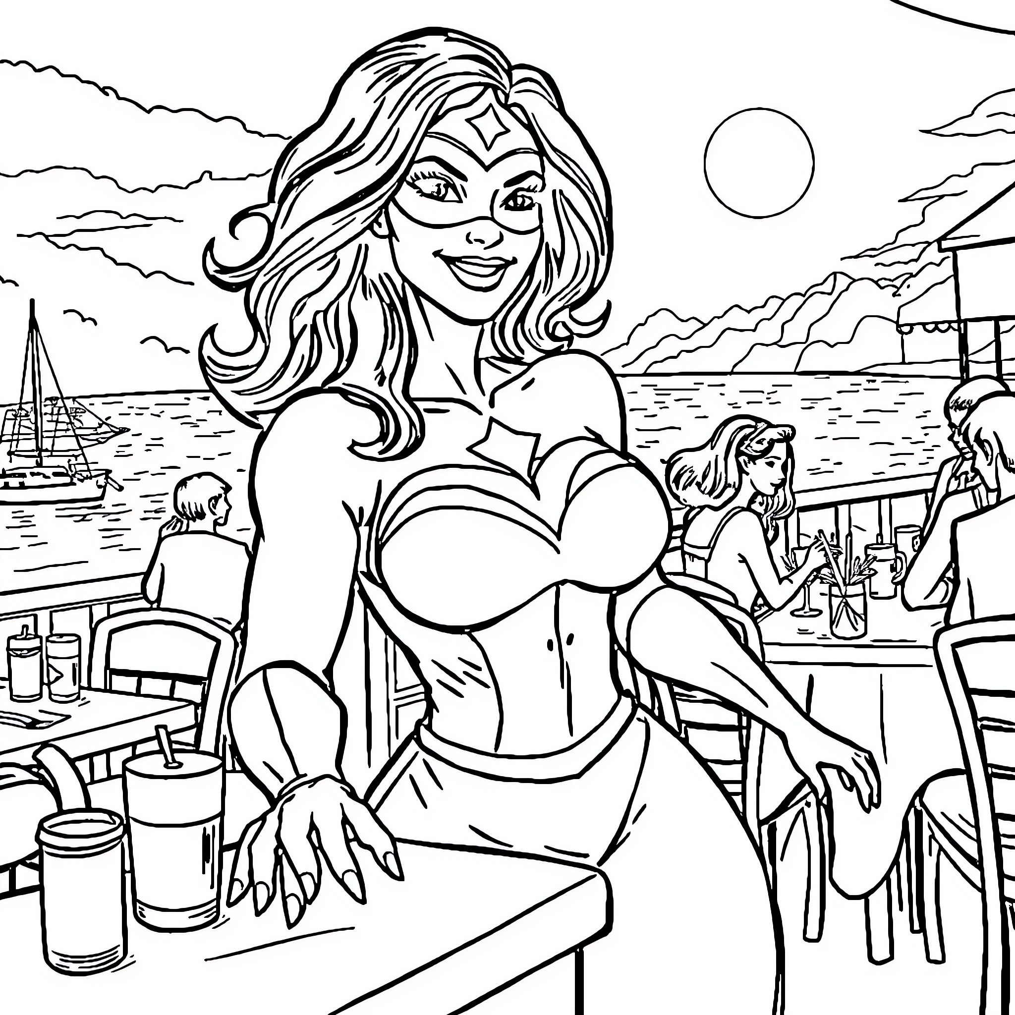 Superwoman enjoying a sunny beach day Coloring Page (free black-and-white line drawing printable PDF for all, from beginners to advanced learners, including children, teens, adults, and seniors)