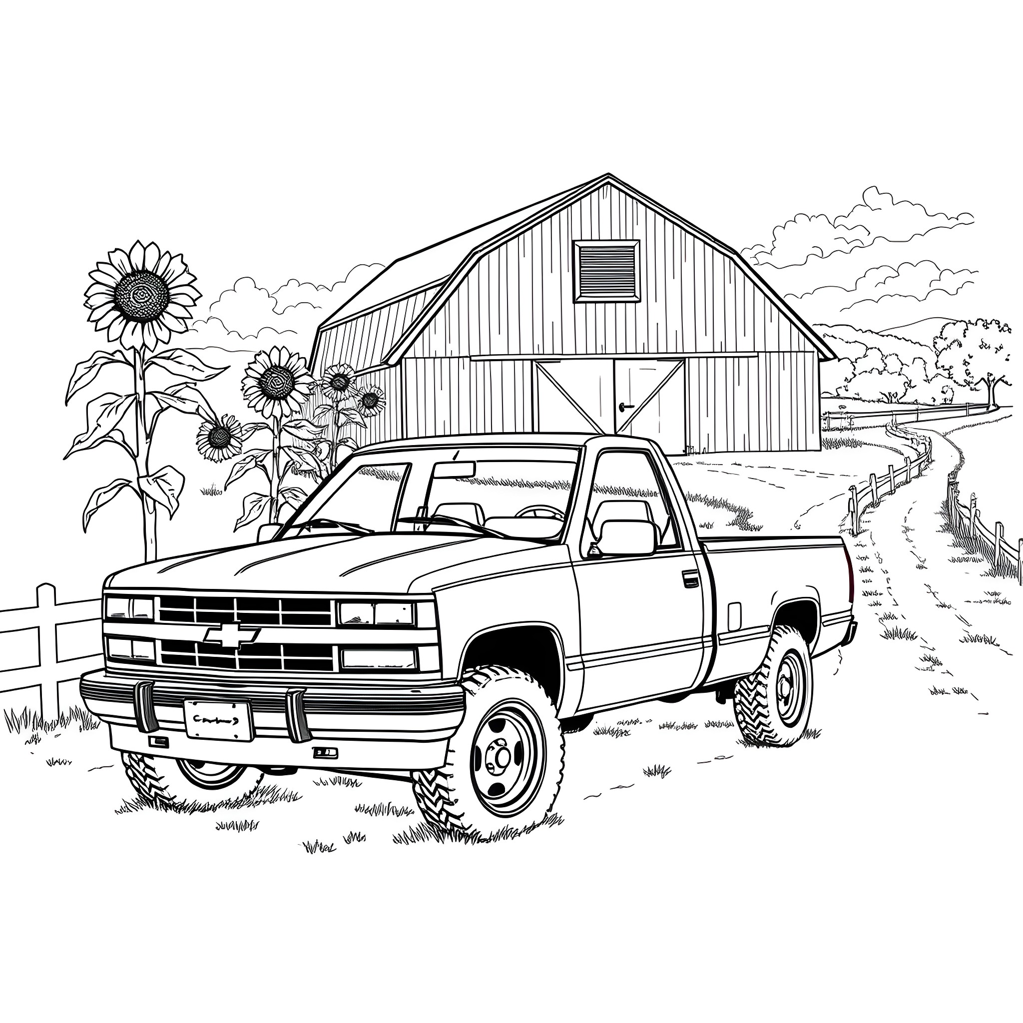 Chevy truck parked in front of a rural barn Coloring Page (free black-and-white line drawing printable PDF for all, from beginners to advanced learners, including children, teens, adults, and seniors)
