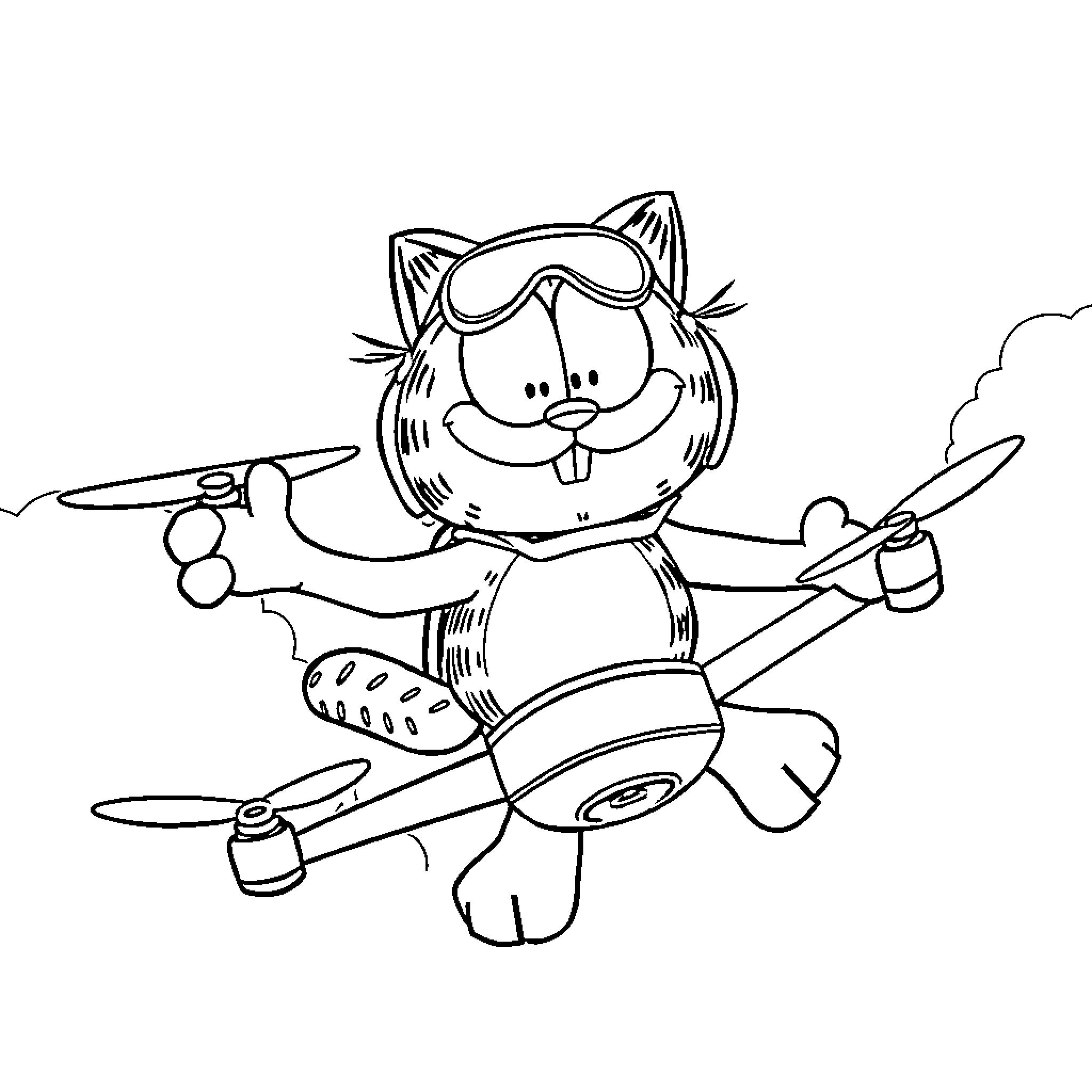 Garfield flying an airplane joyfully Coloring Page (free black-and-white line drawing printable PDF for all, from beginners to advanced learners, including children, teens, adults, and seniors)
