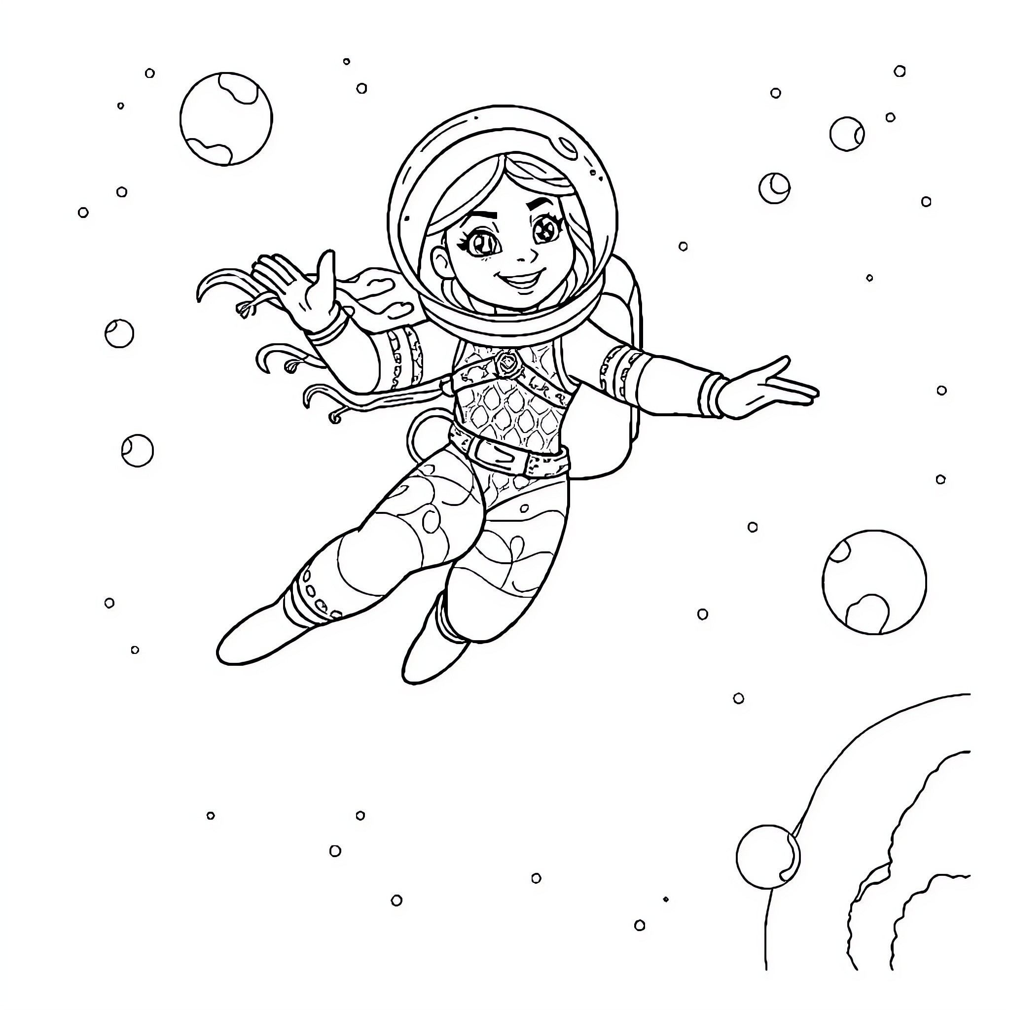 Moana exploring the cosmic wonders in space Coloring Page (free black-and-white line drawing printable PDF for all, from beginners to advanced learners, including children, teens, adults, and seniors)