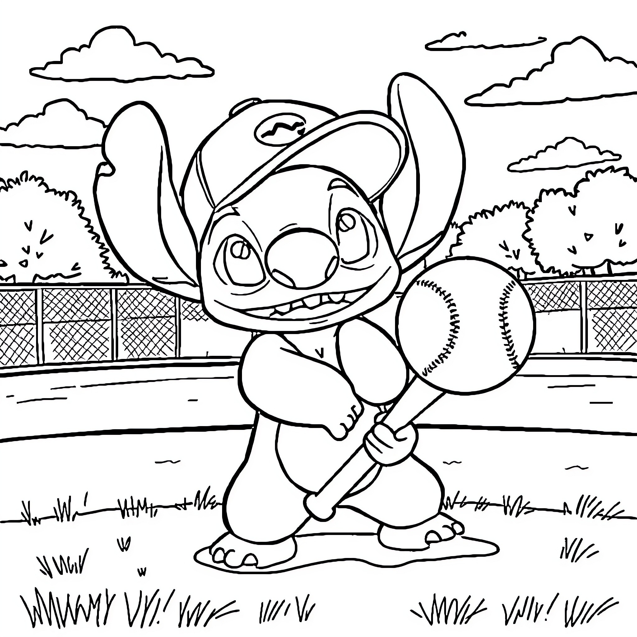 Stitch playing baseball in the park Coloring Page (free black-and-white line drawing printable PDF for all, from beginners to advanced learners, including children, teens, adults, and seniors)