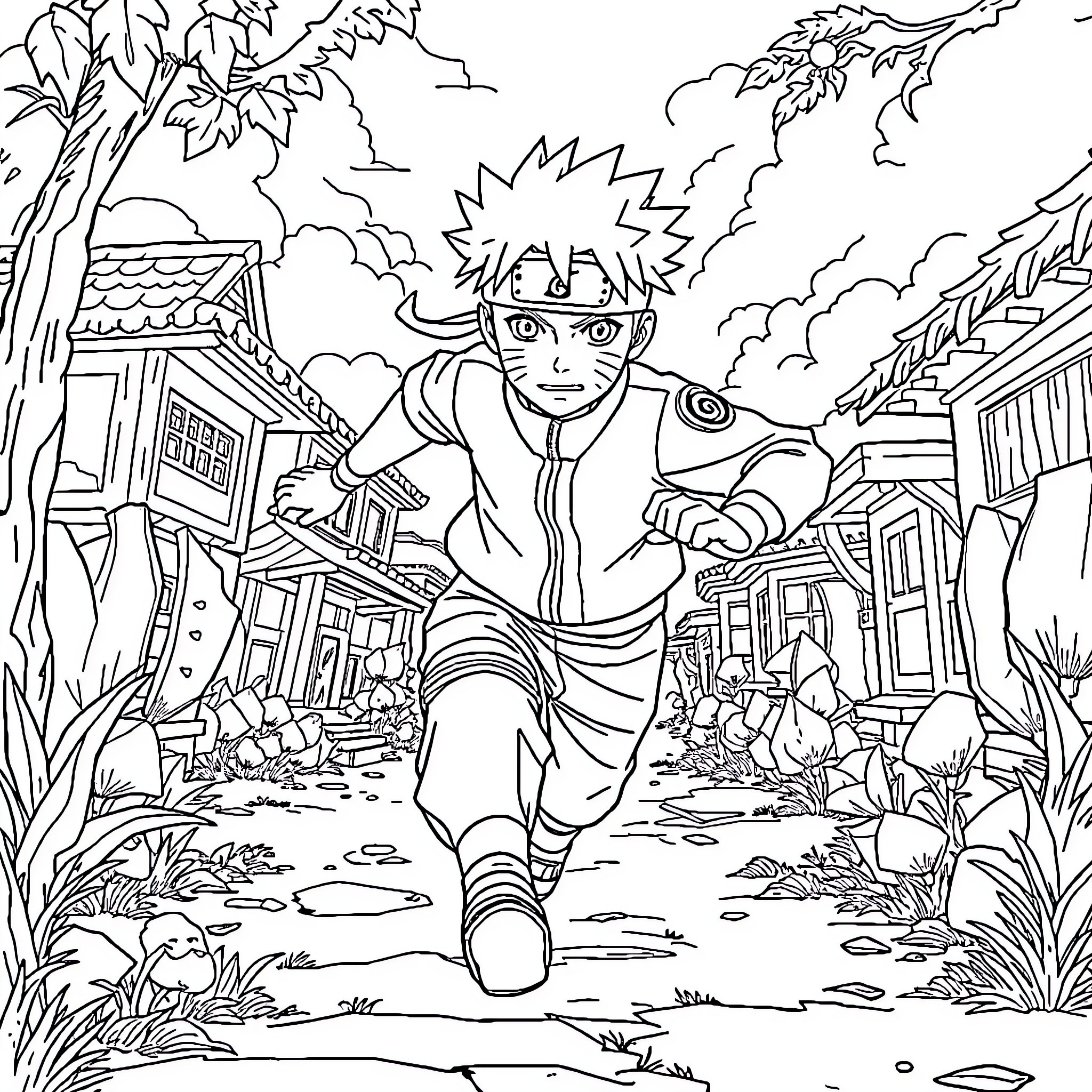 Naruto running through a village with determination Coloring Page (free black-and-white line drawing printable PDF for all, from beginners to advanced learners, including children, teens, adults, and seniors)