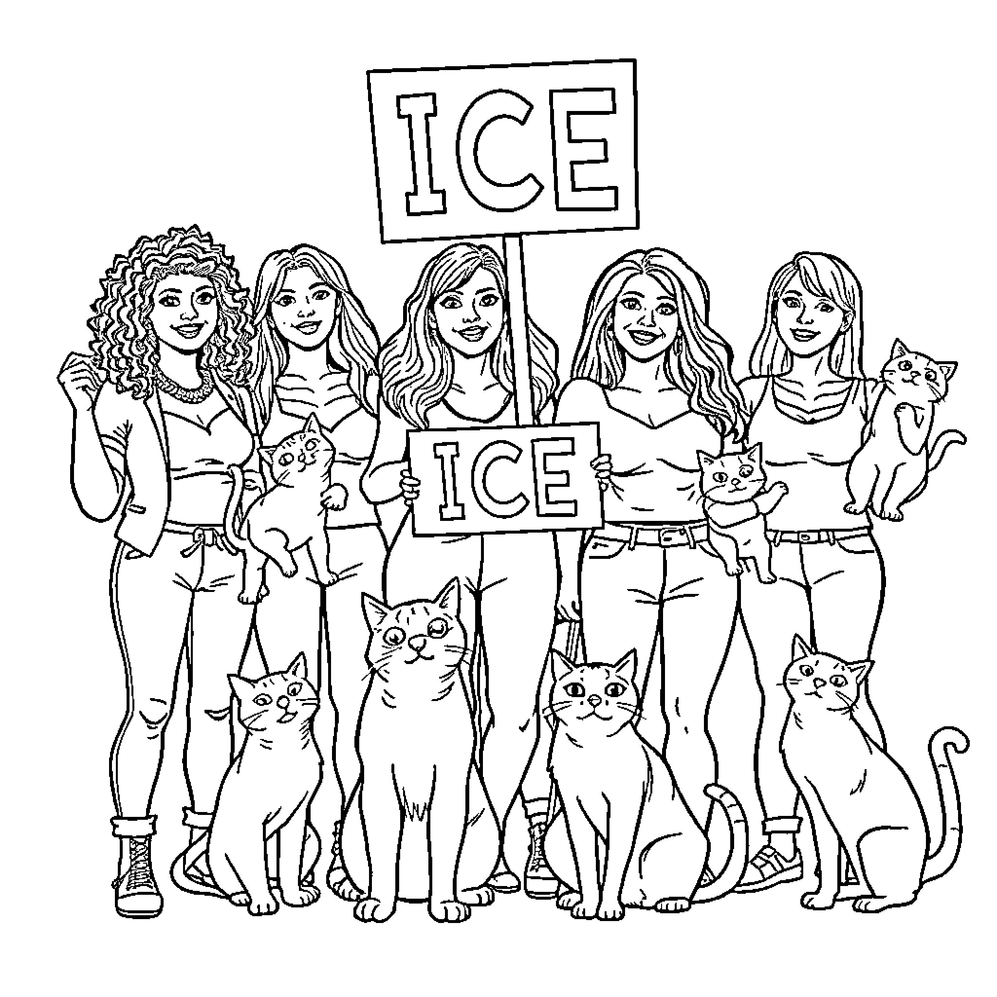 Women protesting with 'ICE ICE' signs and cats Coloring Page (free black-and-white line drawing printable PDF for all, from beginners to advanced learners, including children, teens, adults, and seniors)