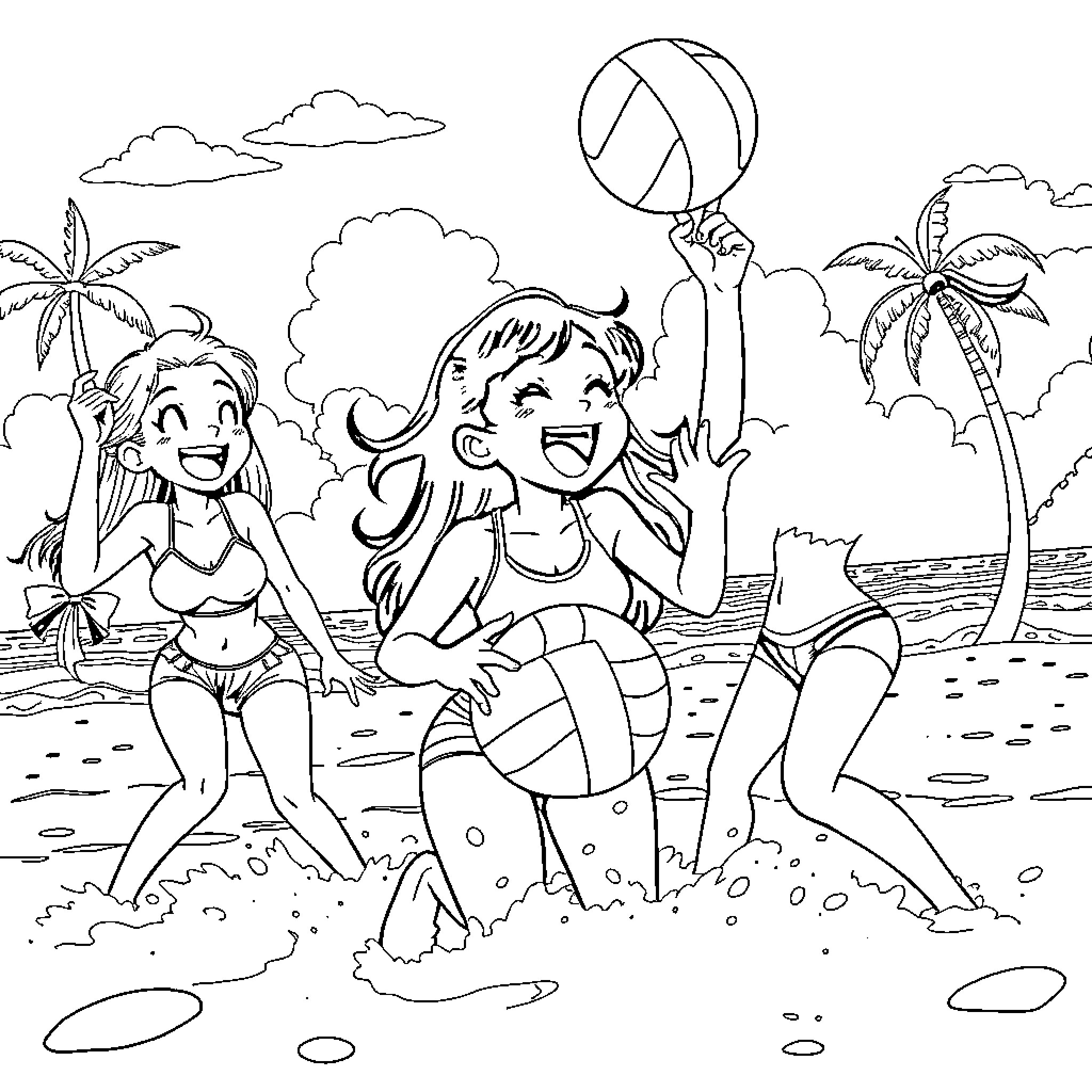 Kuromi and friends enjoying beach activities Coloring Page (free black-and-white line drawing printable PDF for all, from beginners to advanced learners, including children, teens, adults, and seniors)