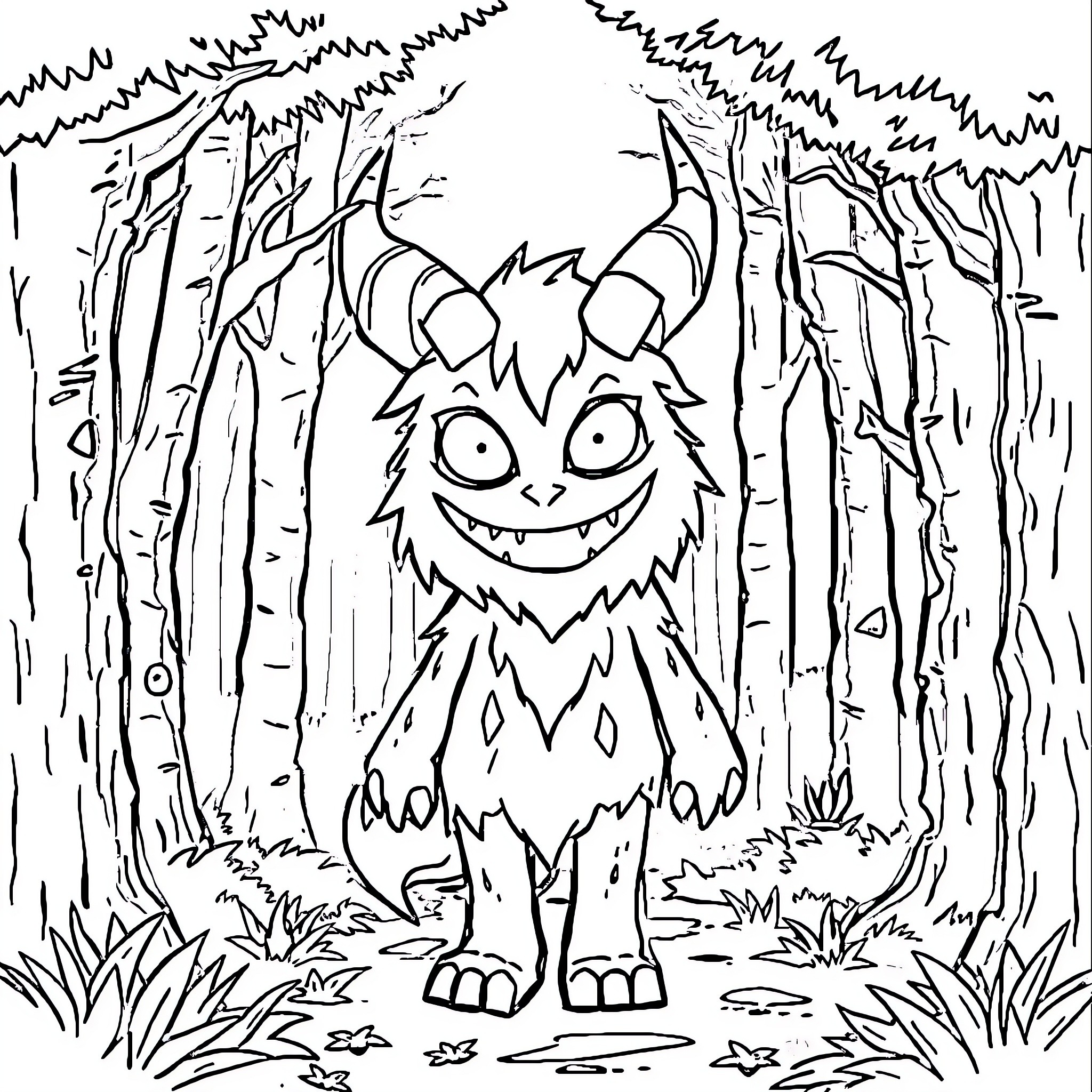Herobrine's Monstrous Encounter in the Enchanted Forest Coloring Page (free black-and-white line drawing printable PDF for all, from beginners to advanced learners, including children, teens, adults, and seniors)