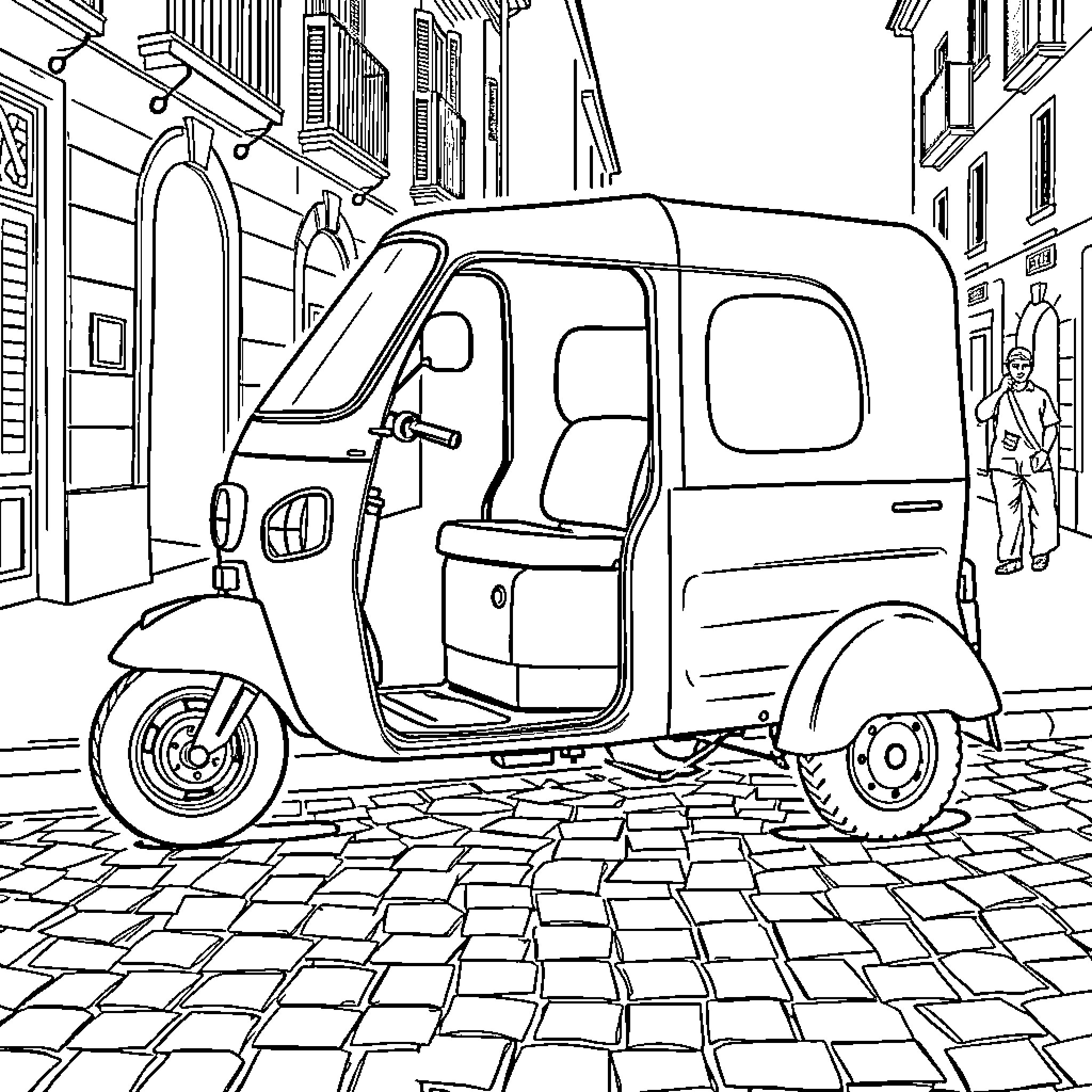 Piaggio Ape parked on cobblestone street Coloring Page (free black-and-white line drawing printable PDF for all, from beginners to advanced learners, including children, teens, adults, and seniors)
