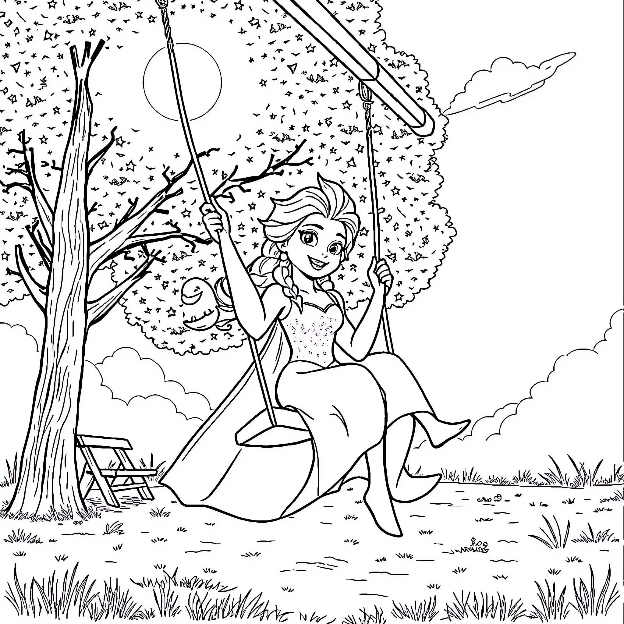 Elsa enjoying a moonlit swing in the enchanted forest Coloring Page (free black-and-white line drawing printable PDF for all, from beginners to advanced learners, including children, teens, adults, and seniors)