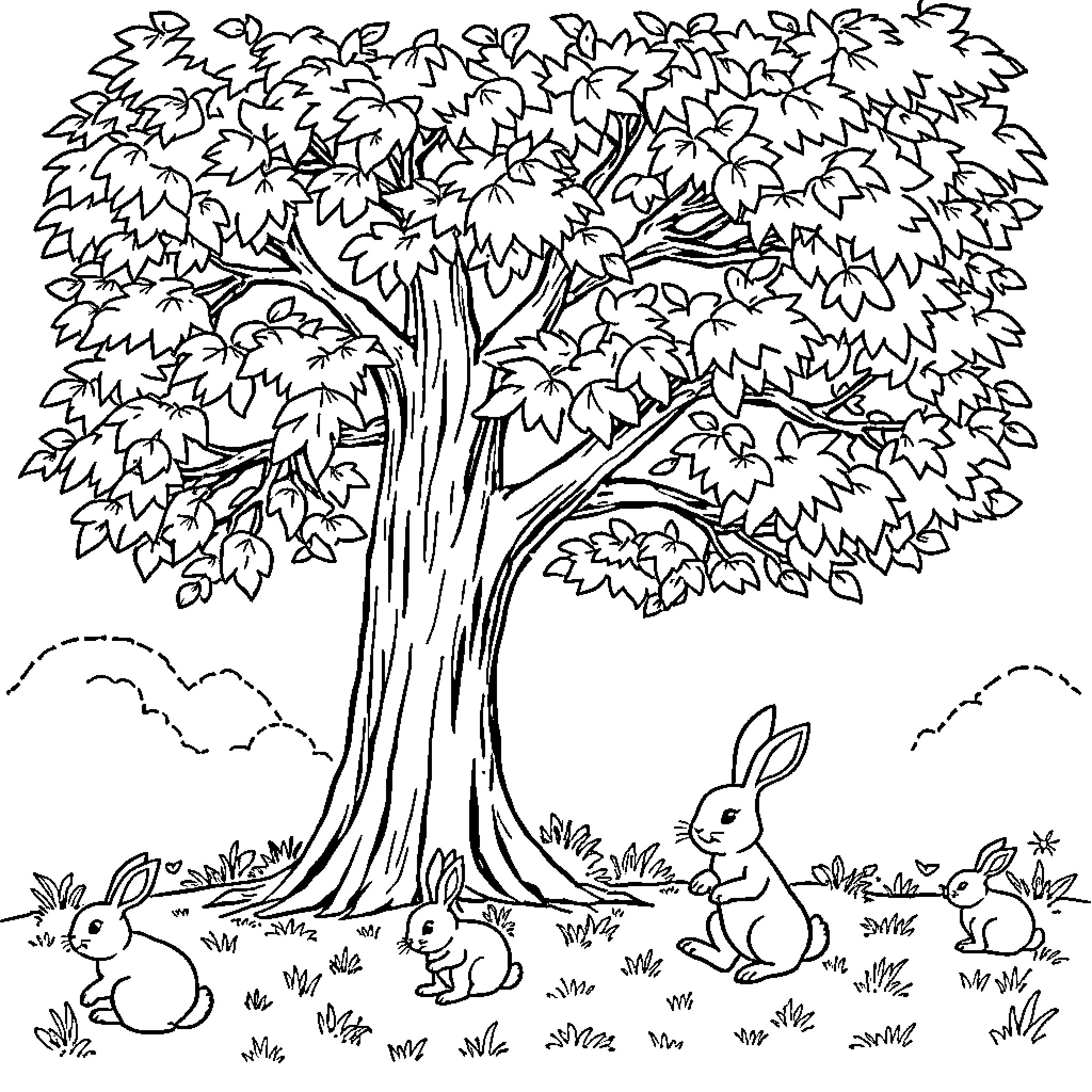 Tree with Rabbits in the Outdoors Coloring Page (free black-and-white line drawing printable PDF for all, from beginners to advanced learners, including children, teens, adults, and seniors)