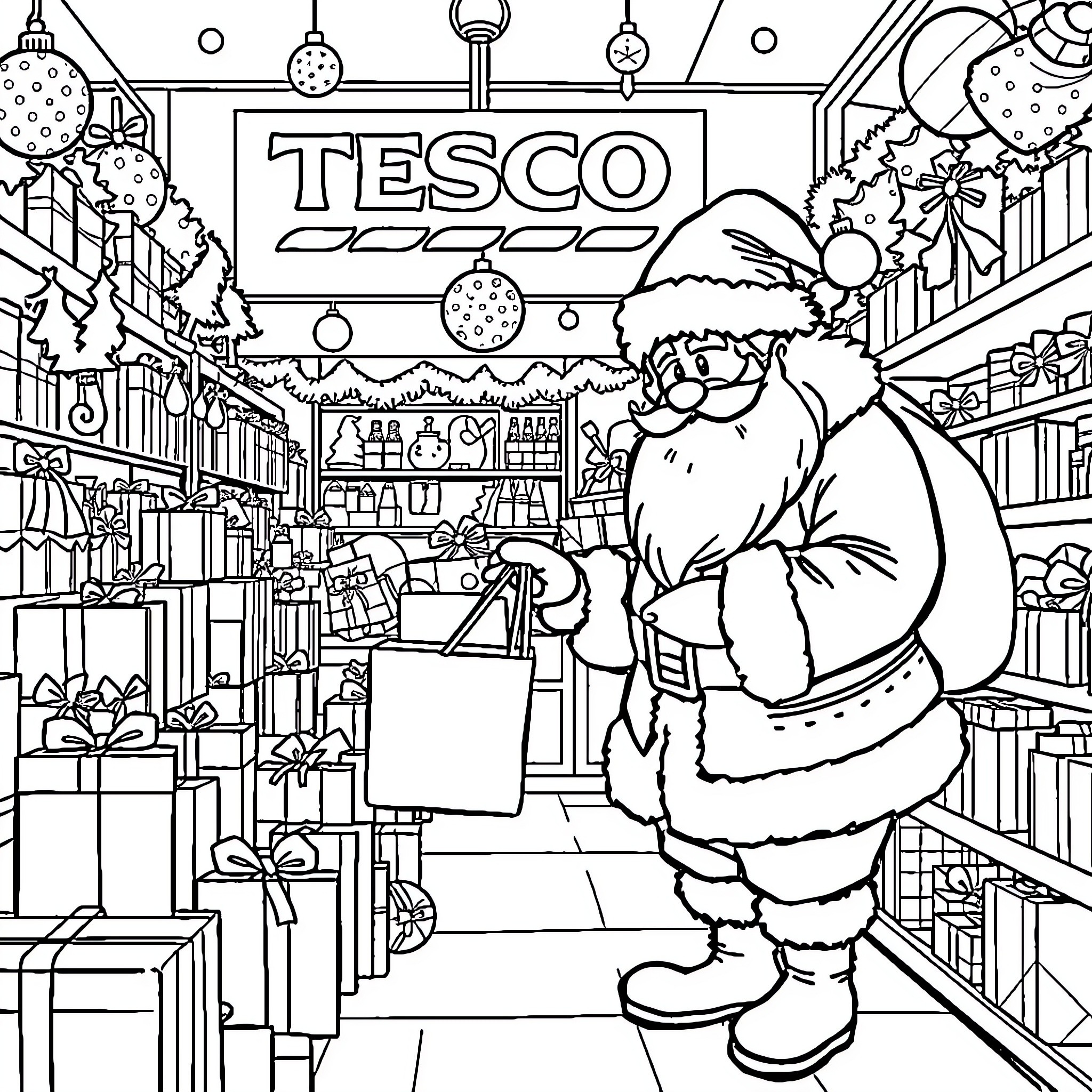 Santa Shopping at the Tesco Supermarket Coloring Page (free black-and-white line drawing printable PDF for all, from beginners to advanced learners, including children, teens, adults, and seniors)