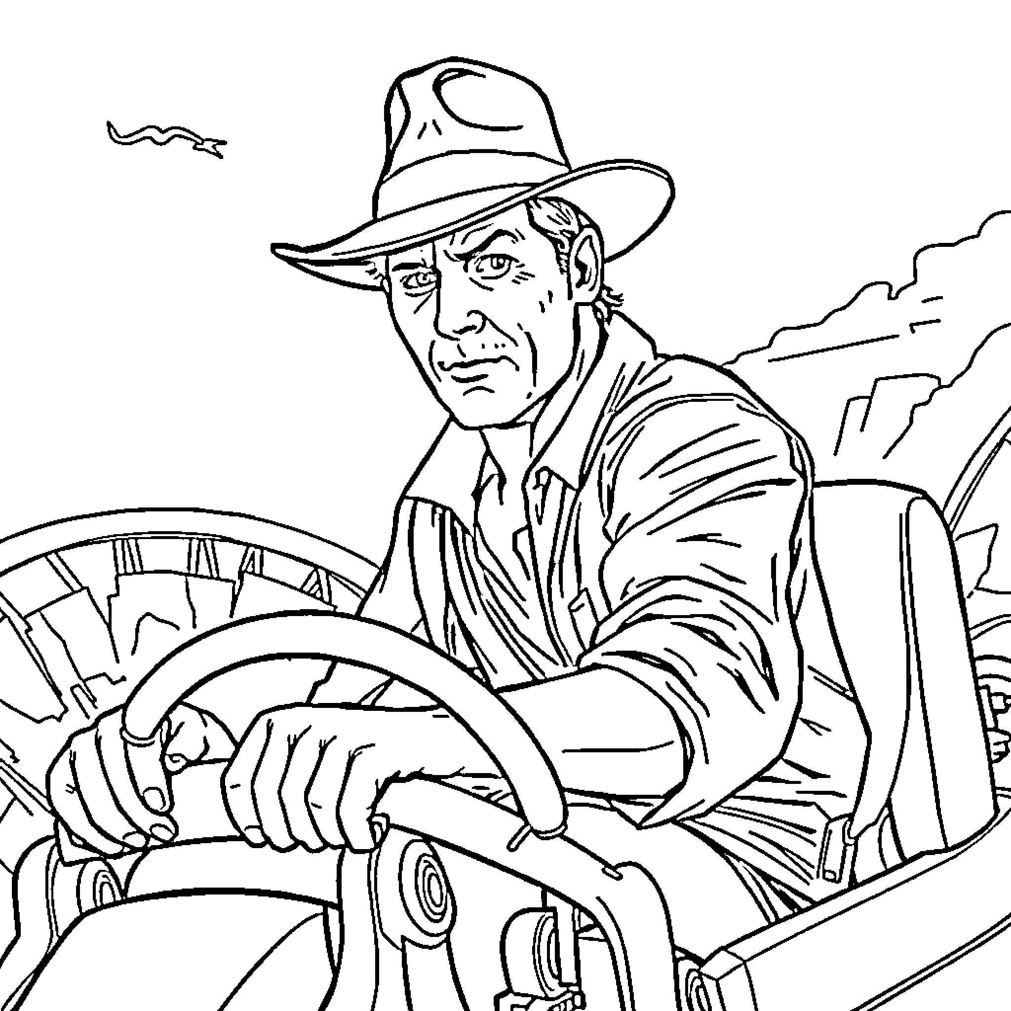 Indiana Jones in adventure mode with hat and gear Coloring Page (free black-and-white line drawing printable PDF for all, from beginners to advanced learners, including children, teens, adults, and seniors)