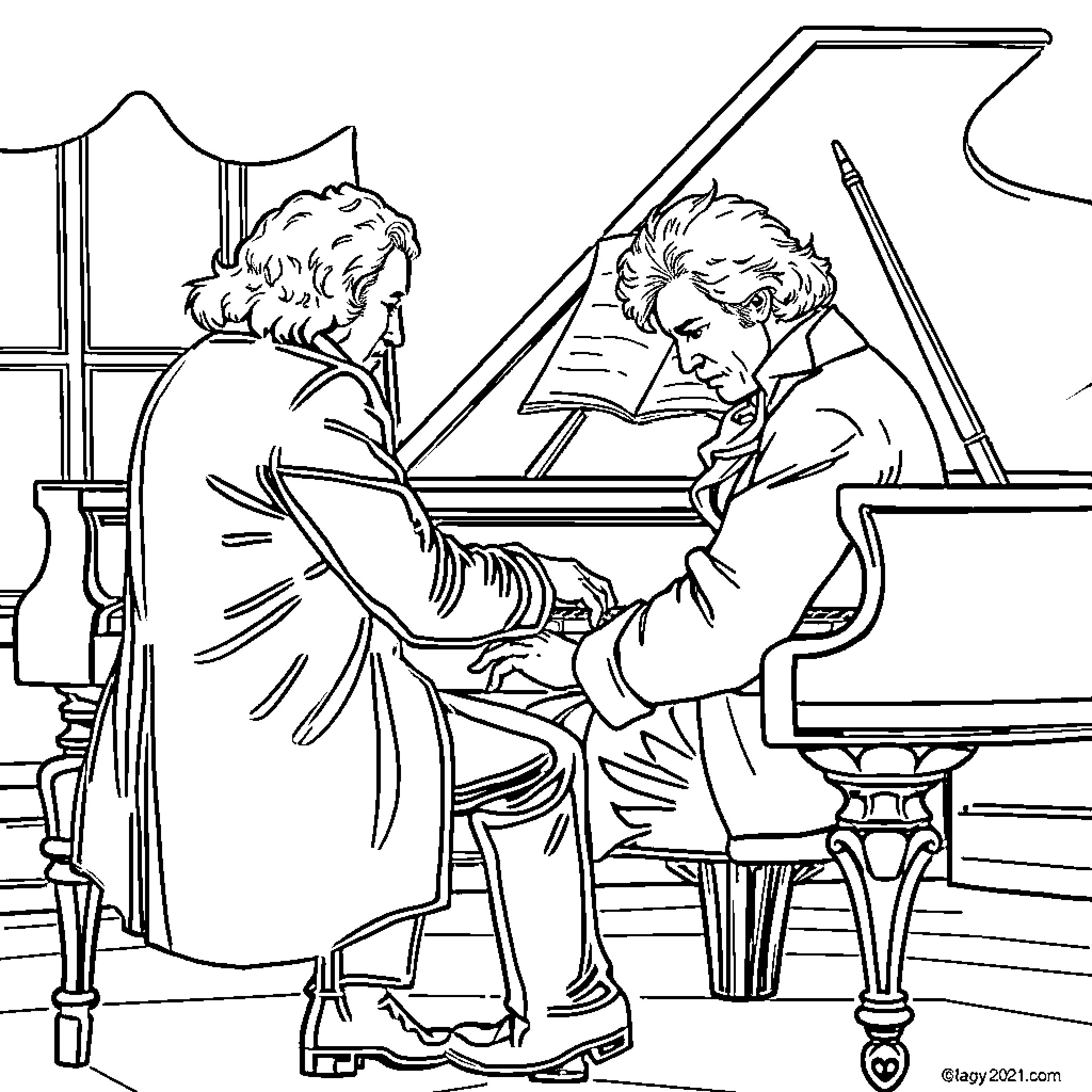 Beethoven composing music at the piano Coloring Page (free black-and-white line drawing printable PDF for all, from beginners to advanced learners, including children, teens, adults, and seniors)
