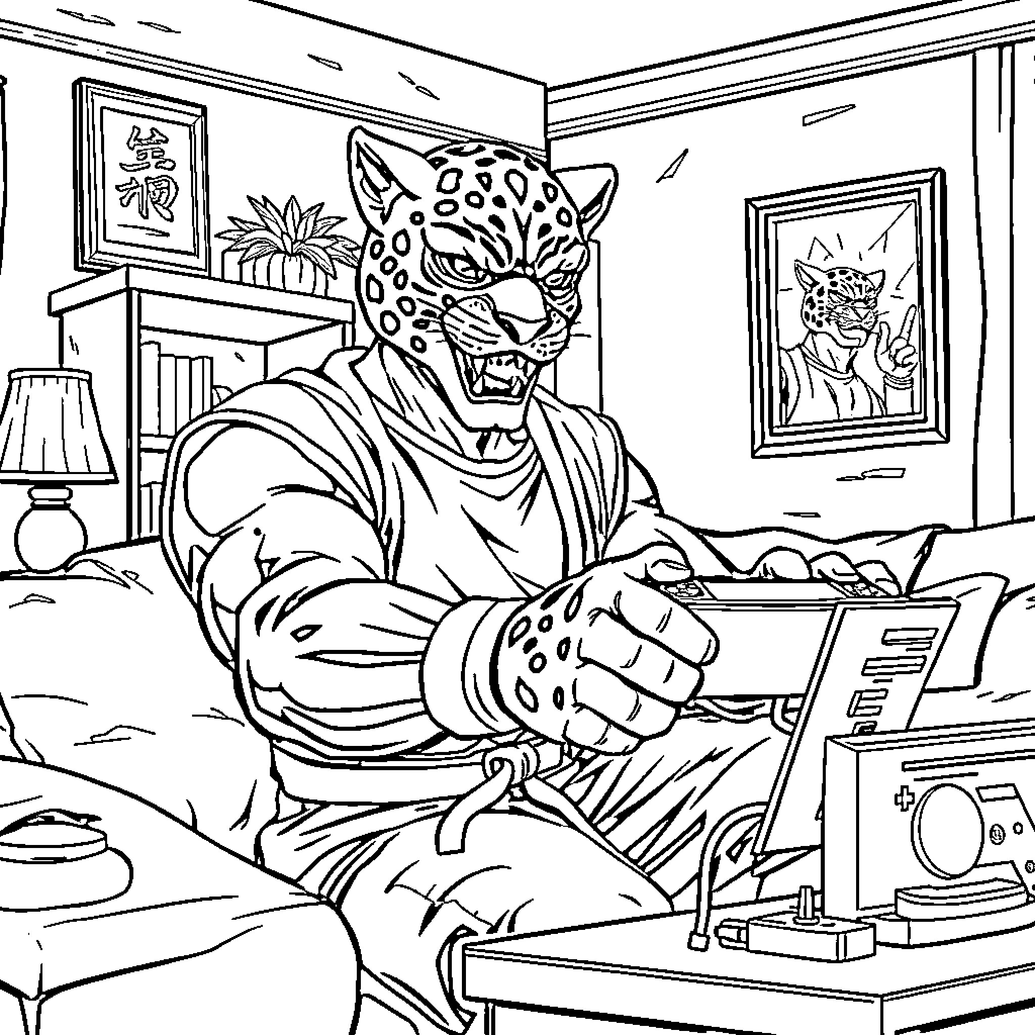 King Leopard Enjoying Game Console in Bedroom Coloring Page (free black-and-white line drawing printable PDF for all, from beginners to advanced learners, including children, teens, adults, and seniors)