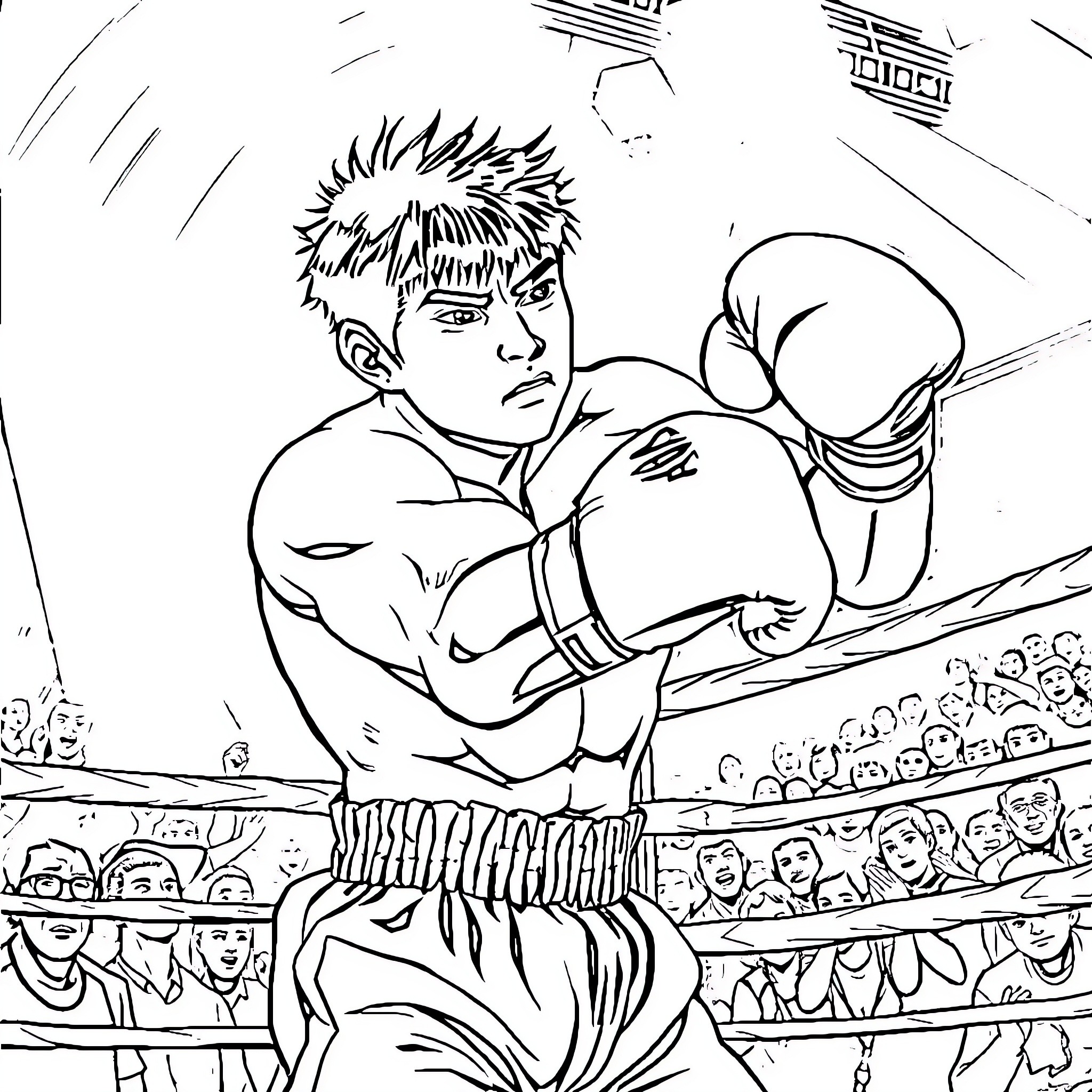 Ippo Makunouchi fighting in the boxing ring Coloring Page (free black-and-white line drawing printable PDF for all, from beginners to advanced learners, including children, teens, adults, and seniors)