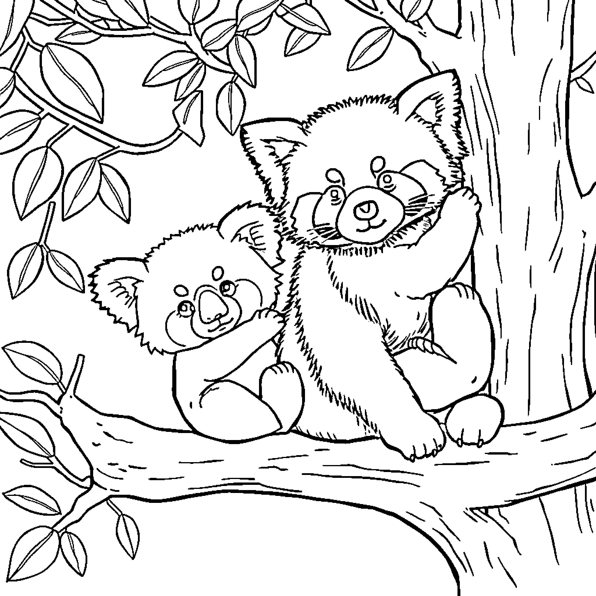 Panda bears playing in the forest Coloring Page (free black-and-white line drawing printable PDF for all, from beginners to advanced learners, including children, teens, adults, and seniors)