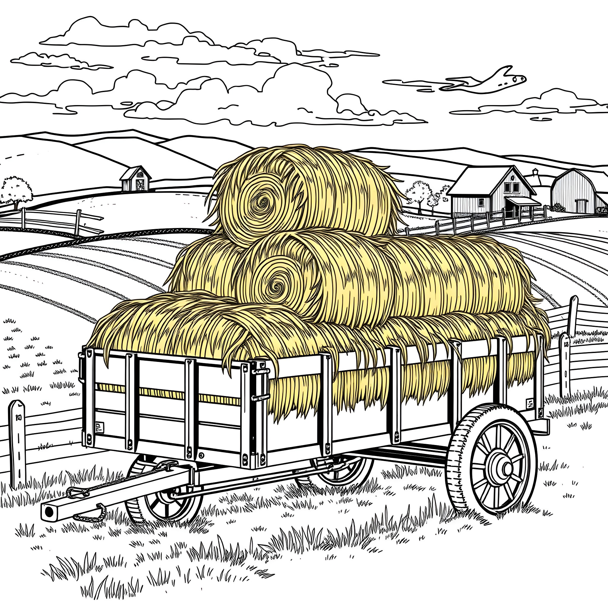Hay Trailer Loaded with Bales in the Countryside Coloring Page (free black-and-white line drawing printable PDF for all, from beginners to advanced learners, including children, teens, adults, and seniors)
