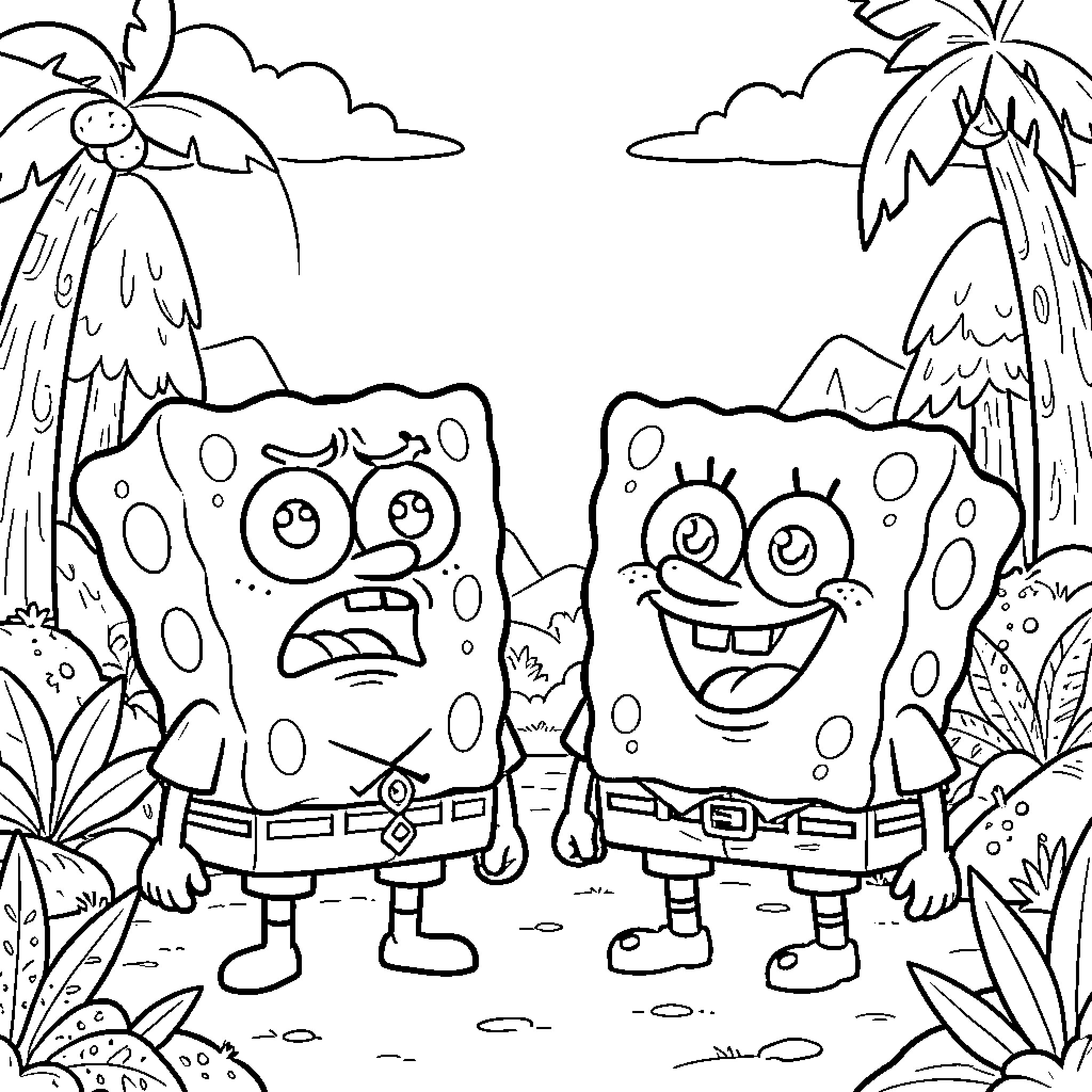 Coraje shown by one character while another smiles Coloring Page (free black-and-white line drawing printable PDF for all, from beginners to advanced learners, including children, teens, adults, and seniors)