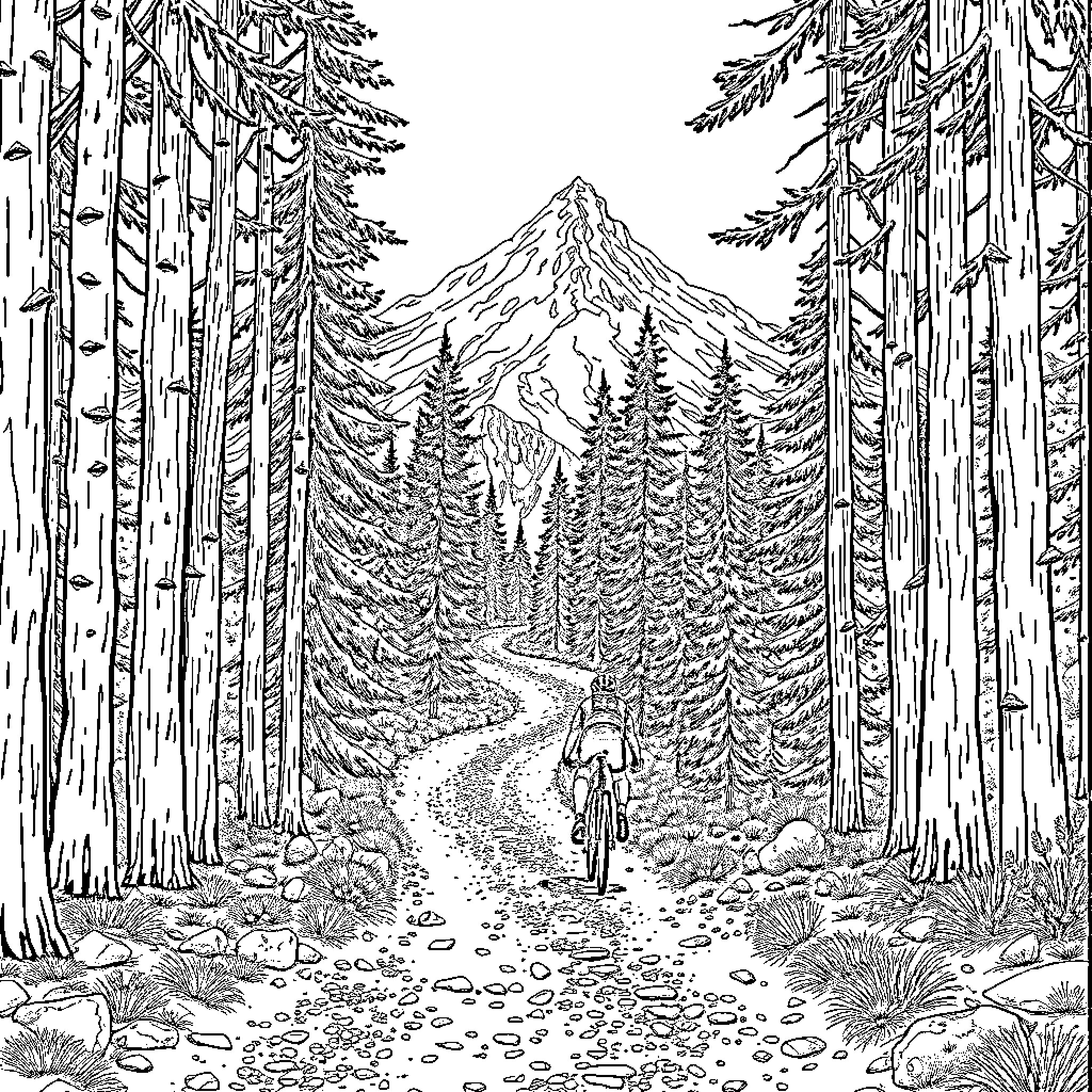 Gravel Rider Navigates Forested Mountain Trail Coloring Page (free black-and-white line drawing printable PDF for all, from beginners to advanced learners, including children, teens, adults, and seniors)