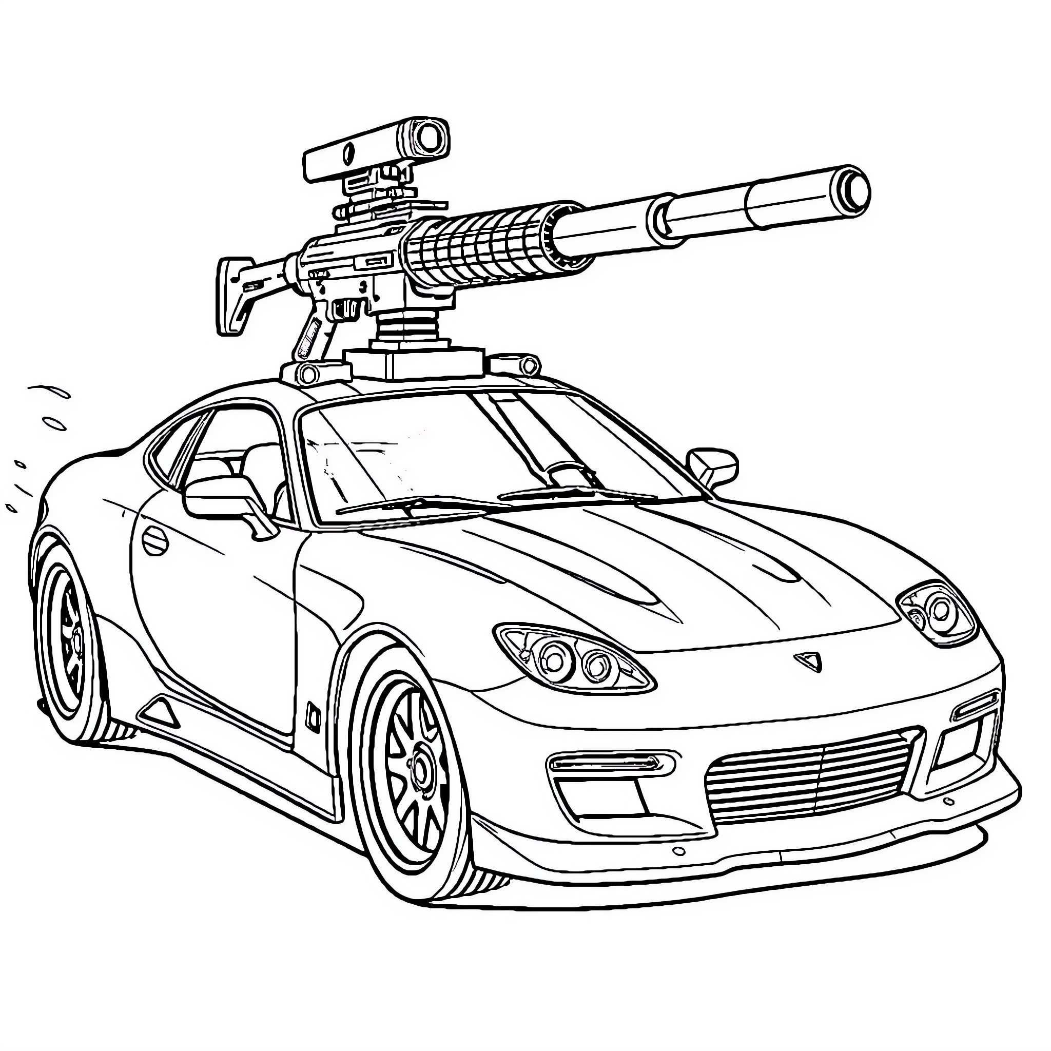 Car with mounted weapon on roof Coloring Page (free black-and-white line drawing printable PDF for all, from beginners to advanced learners, including children, teens, adults, and seniors)