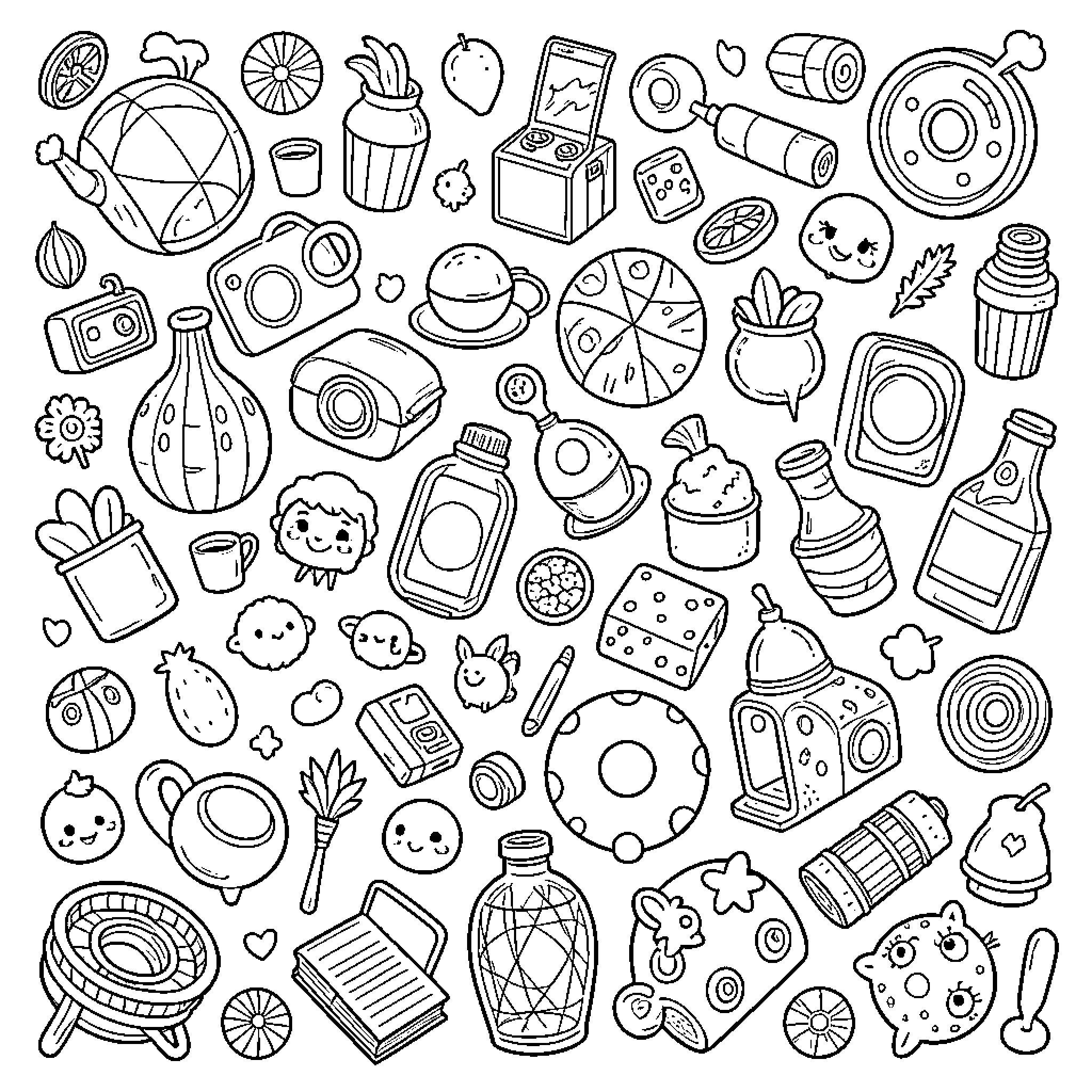 Random Assortment of Cute and Whimsical Objects Coloring Page (free black-and-white line drawing printable PDF for all, from beginners to advanced learners, including children, teens, adults, and seniors)