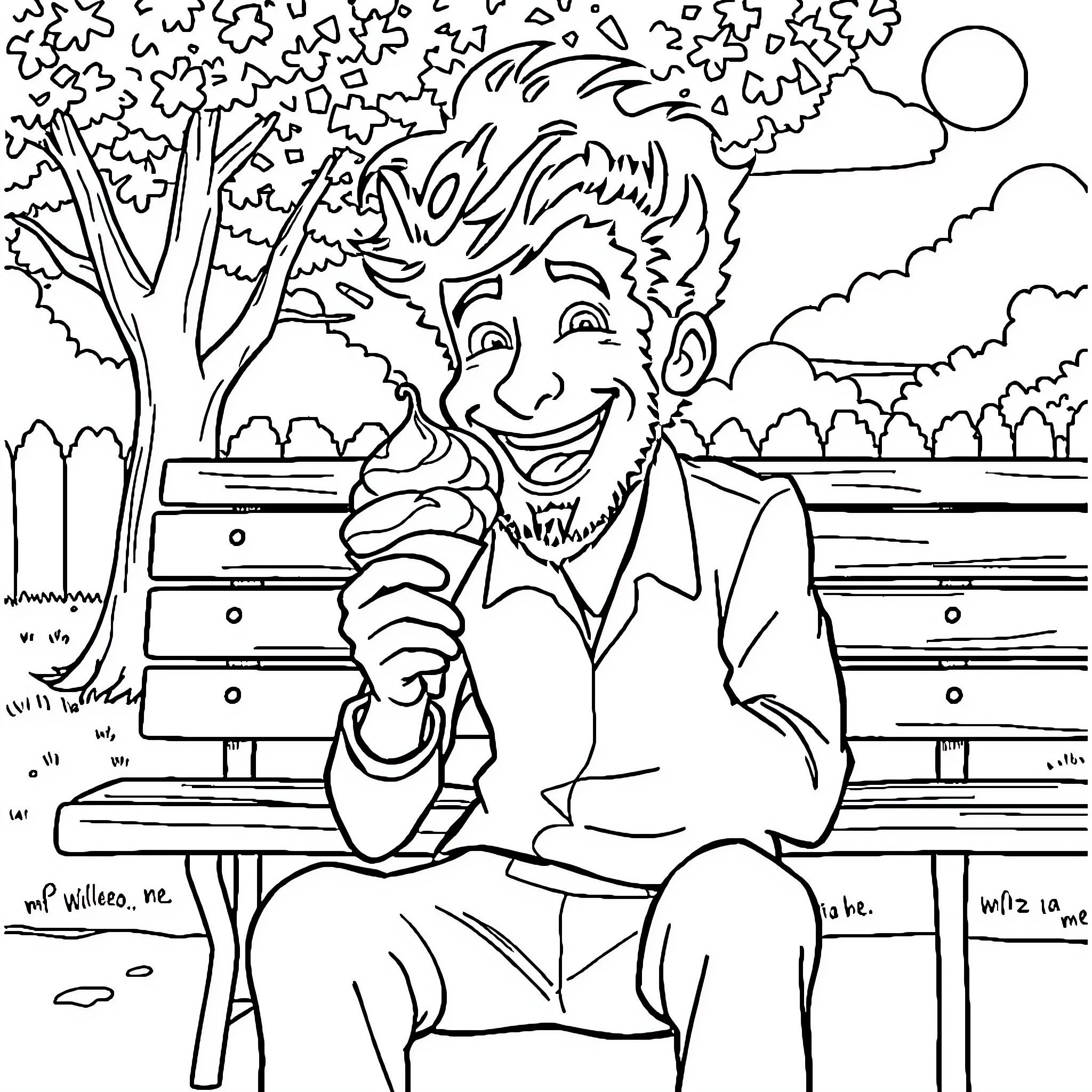 Willem Dafoe enjoying a sunny day on a park bench Coloring Page (free black-and-white line drawing printable PDF for all, from beginners to advanced learners, including children, teens, adults, and seniors)