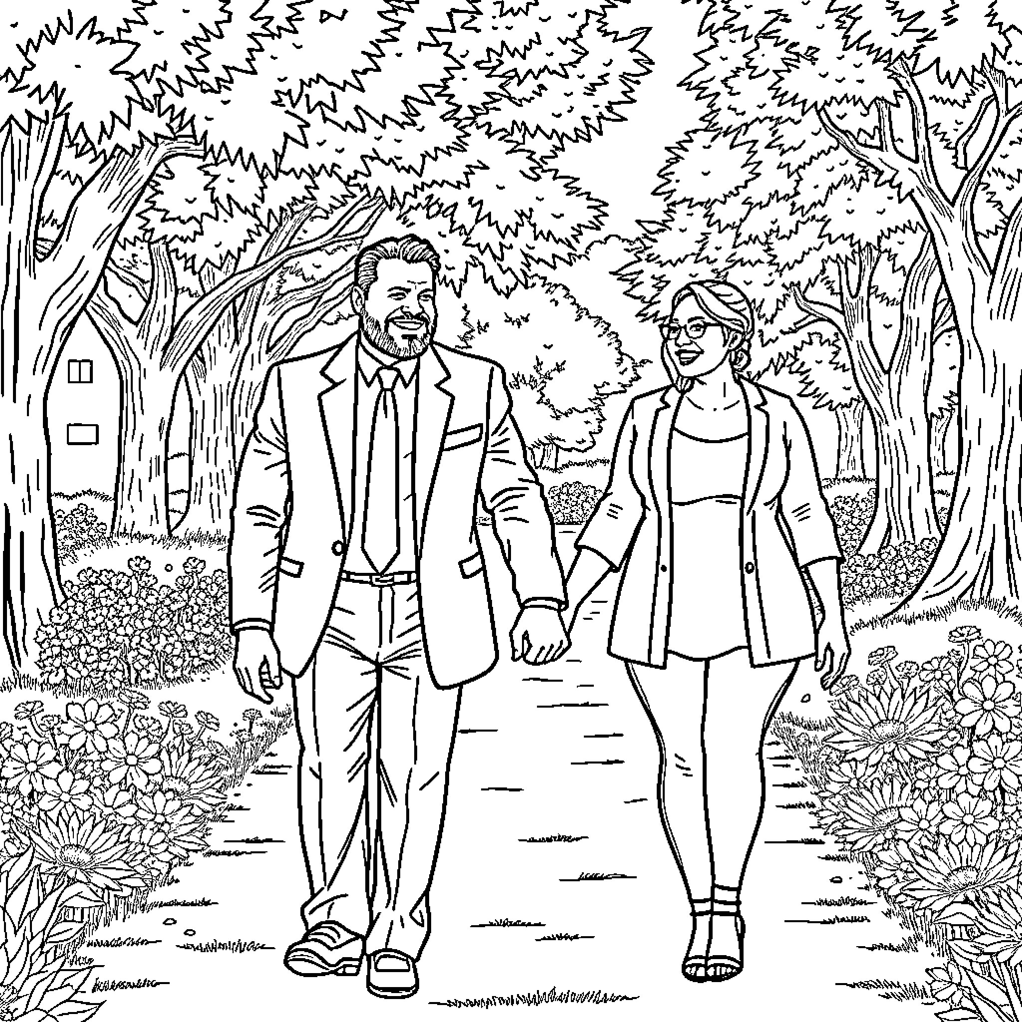Orc couple strolling through a lush forest Coloring Page (free black-and-white line drawing printable PDF for all, from beginners to advanced learners, including children, teens, adults, and seniors)