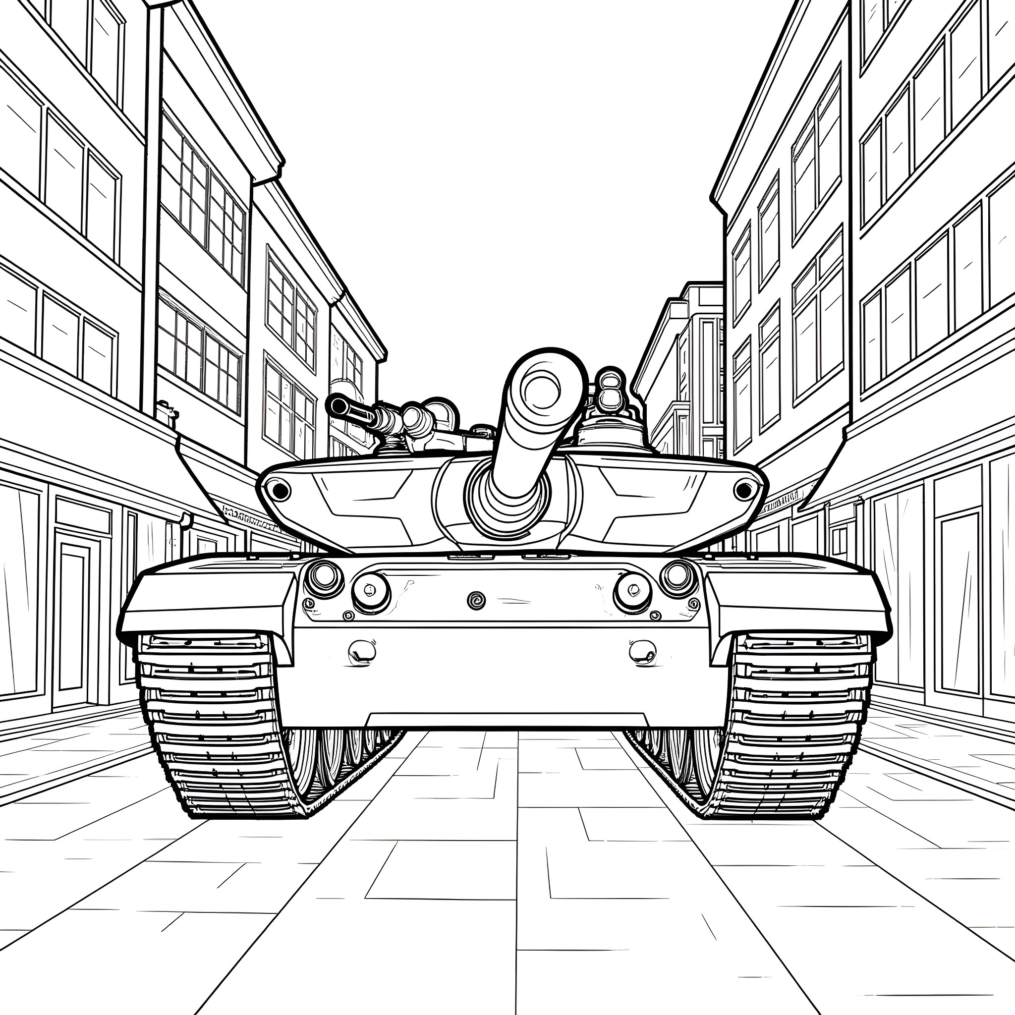 M1A1 Abrams Tank Advancing through City Streets Coloring Page (free black-and-white line drawing printable PDF for all, from beginners to advanced learners, including children, teens, adults, and seniors)