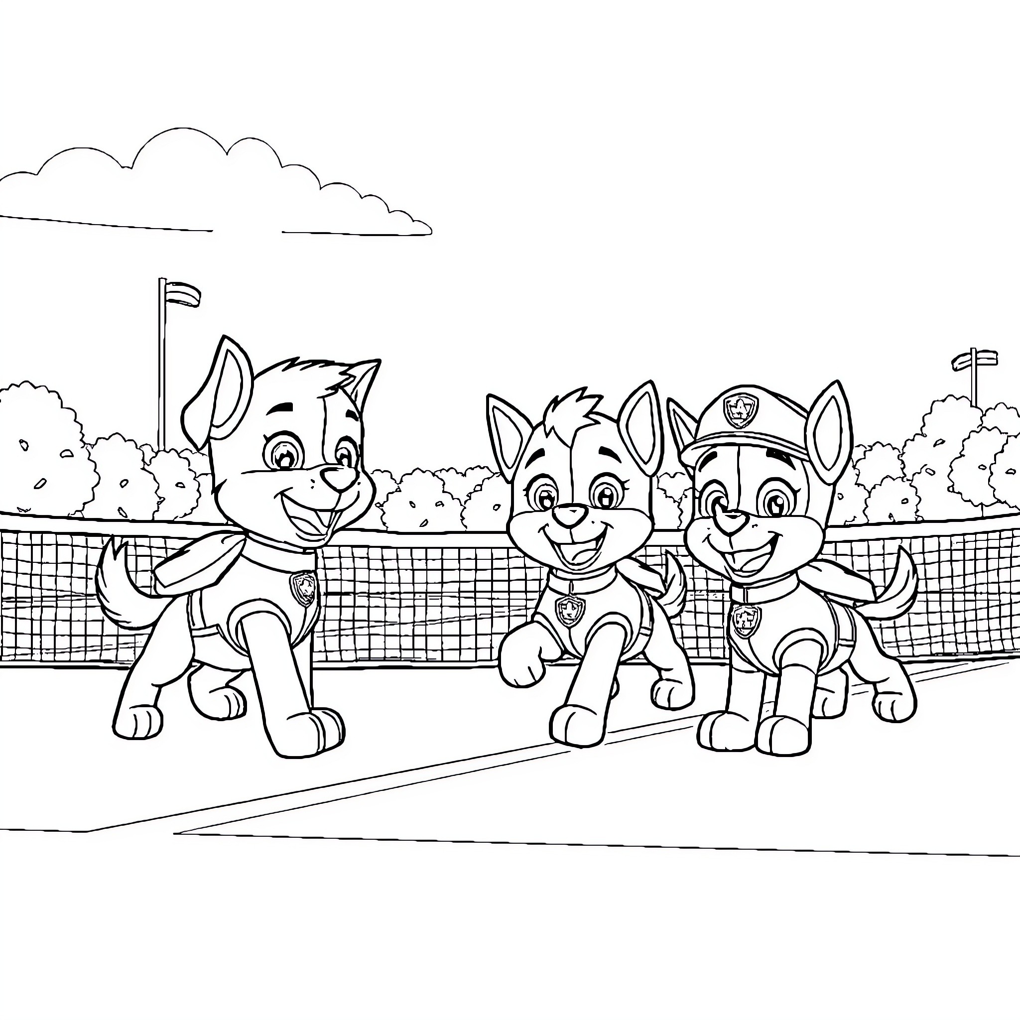 Paw Patrol pups playing on the tennis court Coloring Page (free black-and-white line drawing printable PDF for all, from beginners to advanced learners, including children, teens, adults, and seniors)