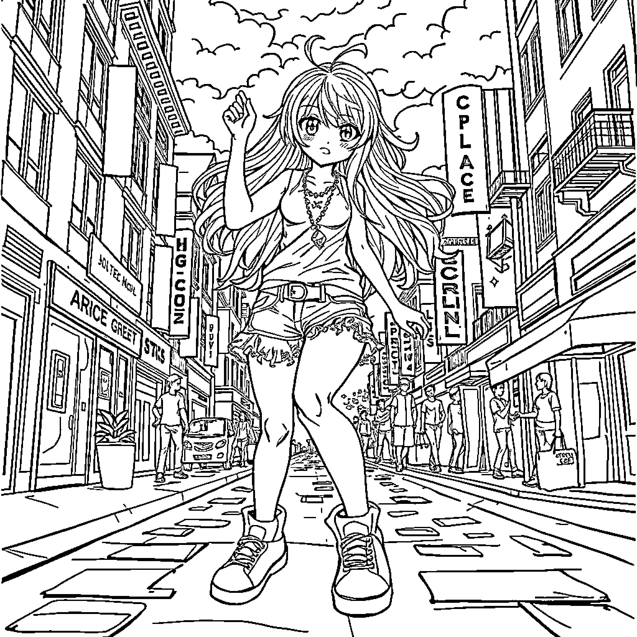 Anime Girl Exploring the City Streets Coloring Page (free black-and-white line drawing printable PDF for all, from beginners to advanced learners, including children, teens, adults, and seniors)