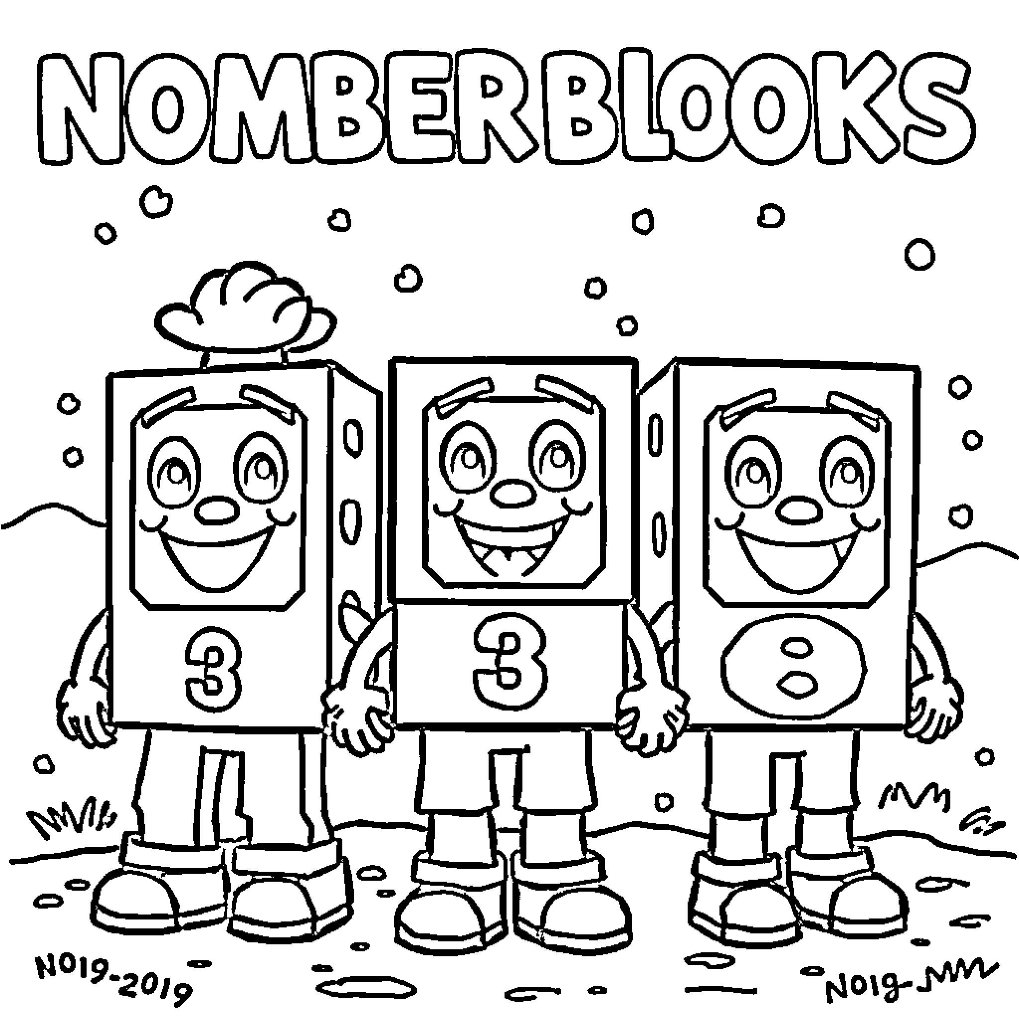 Number Numbered Cartoon Characters in Outdoor Setting Coloring Page (free black-and-white line drawing printable PDF for all, from beginners to advanced learners, including children, teens, adults, and seniors)