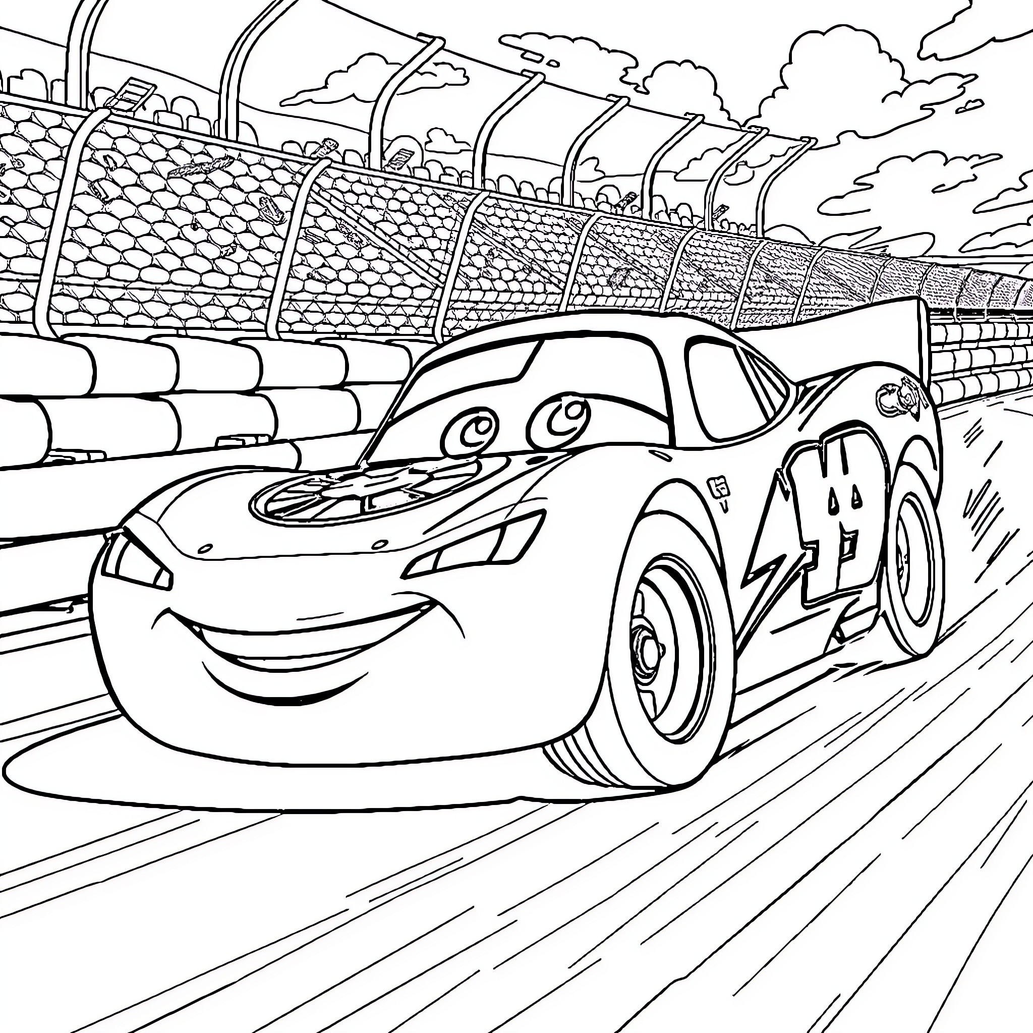 Lightning McQueen racing on the track Coloring Page (free black-and-white line drawing printable PDF for all, from beginners to advanced learners, including children, teens, adults, and seniors)