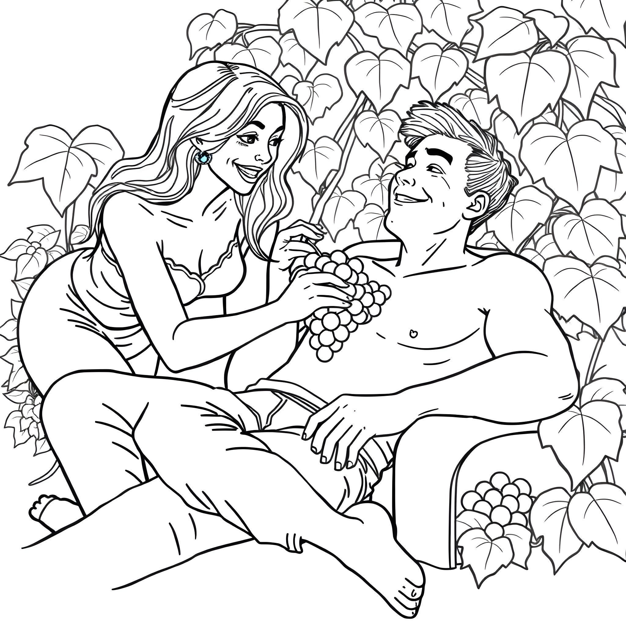 Woman enjoying an intimate moment with her partner in nature Coloring Page (free black-and-white line drawing printable PDF for all, from beginners to advanced learners, including children, teens, adults, and seniors)